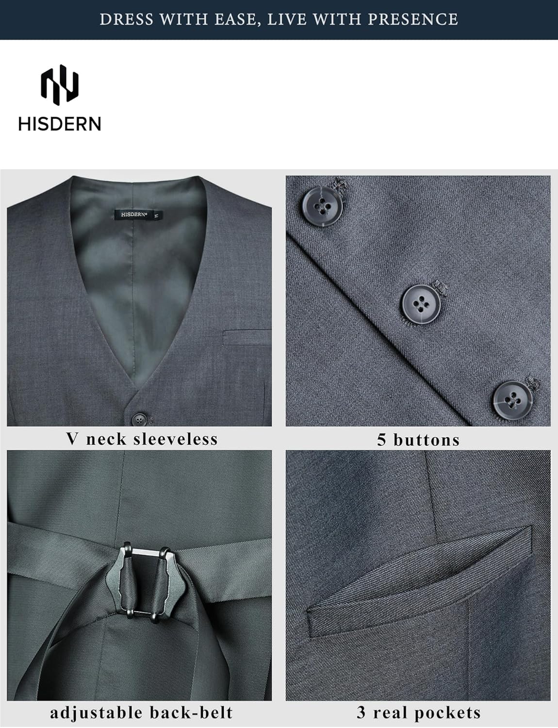 HISDERN Men’s Suit Vest Waistcoat with 3 Pockets Slim Fit for Business Formal Wedding Prom and Casual Tuxedo Wear - Image 6