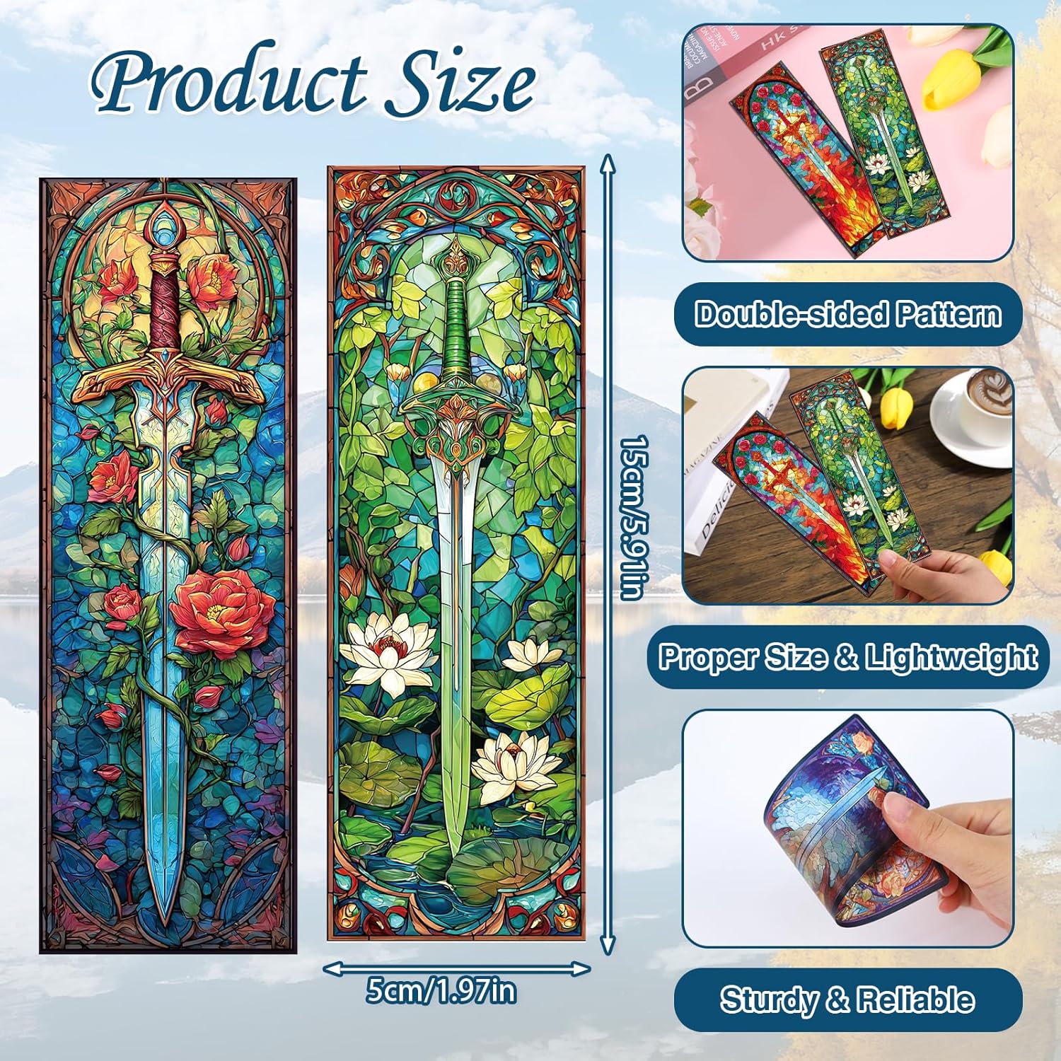 Sword Stained Glass Transparent Bookmark - Wxiben 10 Pcs Cool Sword Transparent PVC Bookmark Fantastic Floral Book Mark Page Clips Gifts for Women Men Book Lovers Teacher Student Bookish Readers - Image 2