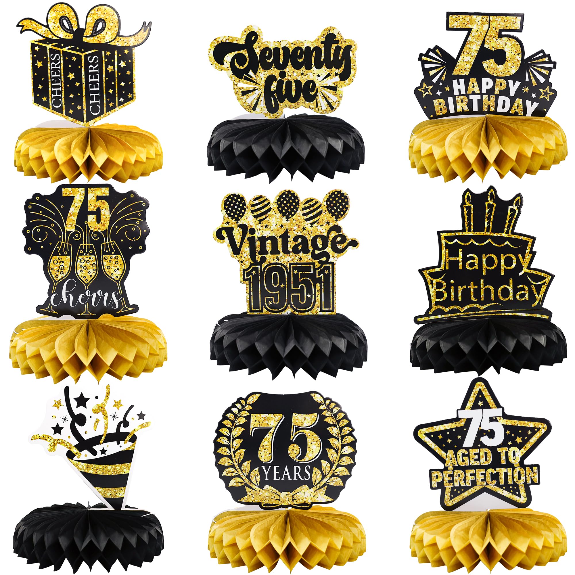 Gyufise 9 Pack 75th Birthday Decoration for Men Women 75th Birthday Table Decorations Cheers to 75th Birthday Honeycomb Centerpieces 1951 Table Topper Black and Gold 75th Birthday Party Favors