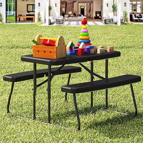 DWVO Mesa de picnic de 37 pulgadas, mesas de picnic plegables para exteriores con mesa de resina resistente a la intemperie y marco de acero estable
