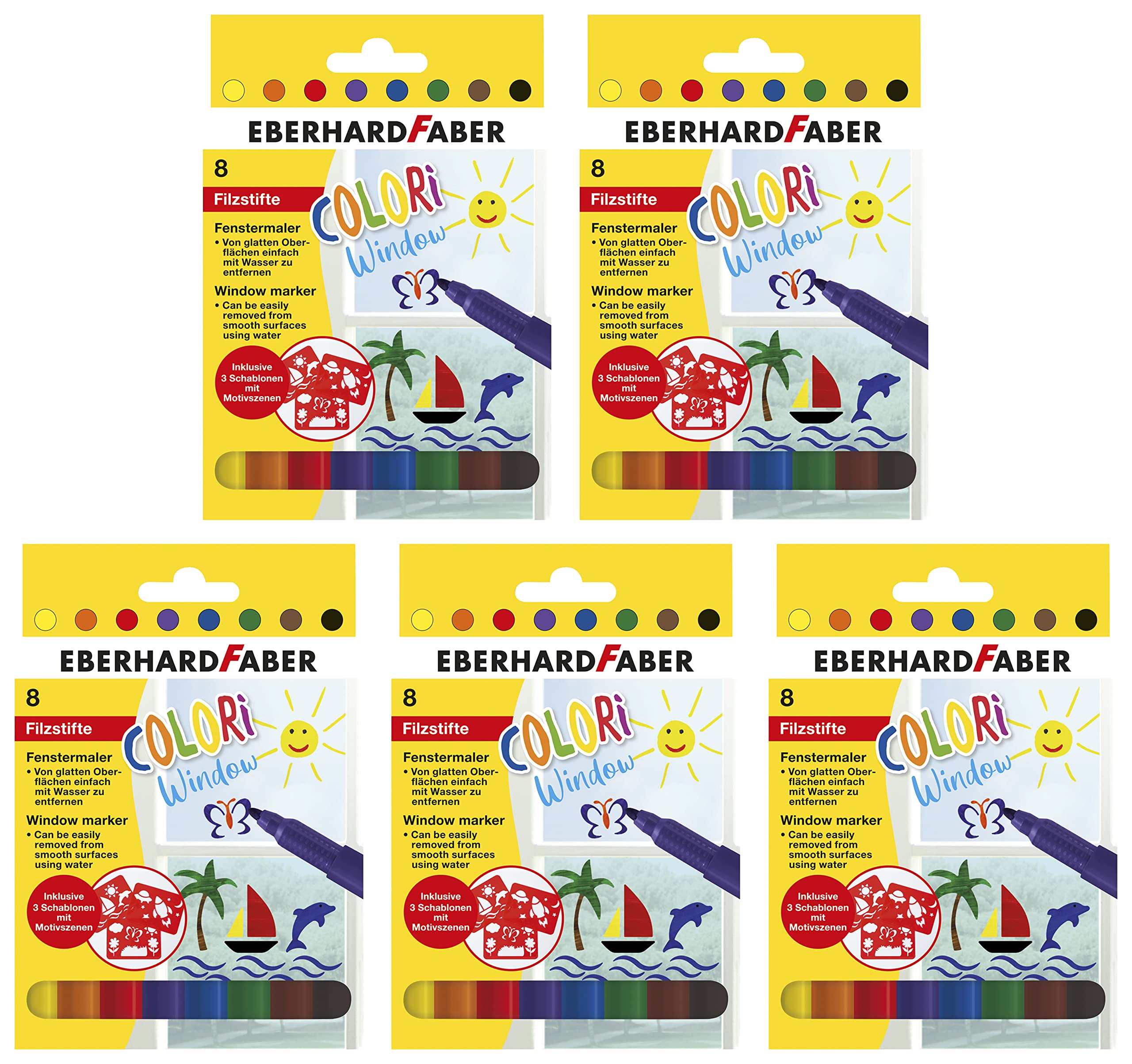 Eberhard Faber 550022 - Window Marker Colori, 8 Fensterstifte abwaschbar, inkl. 3 Schablonen (5 Packungen)