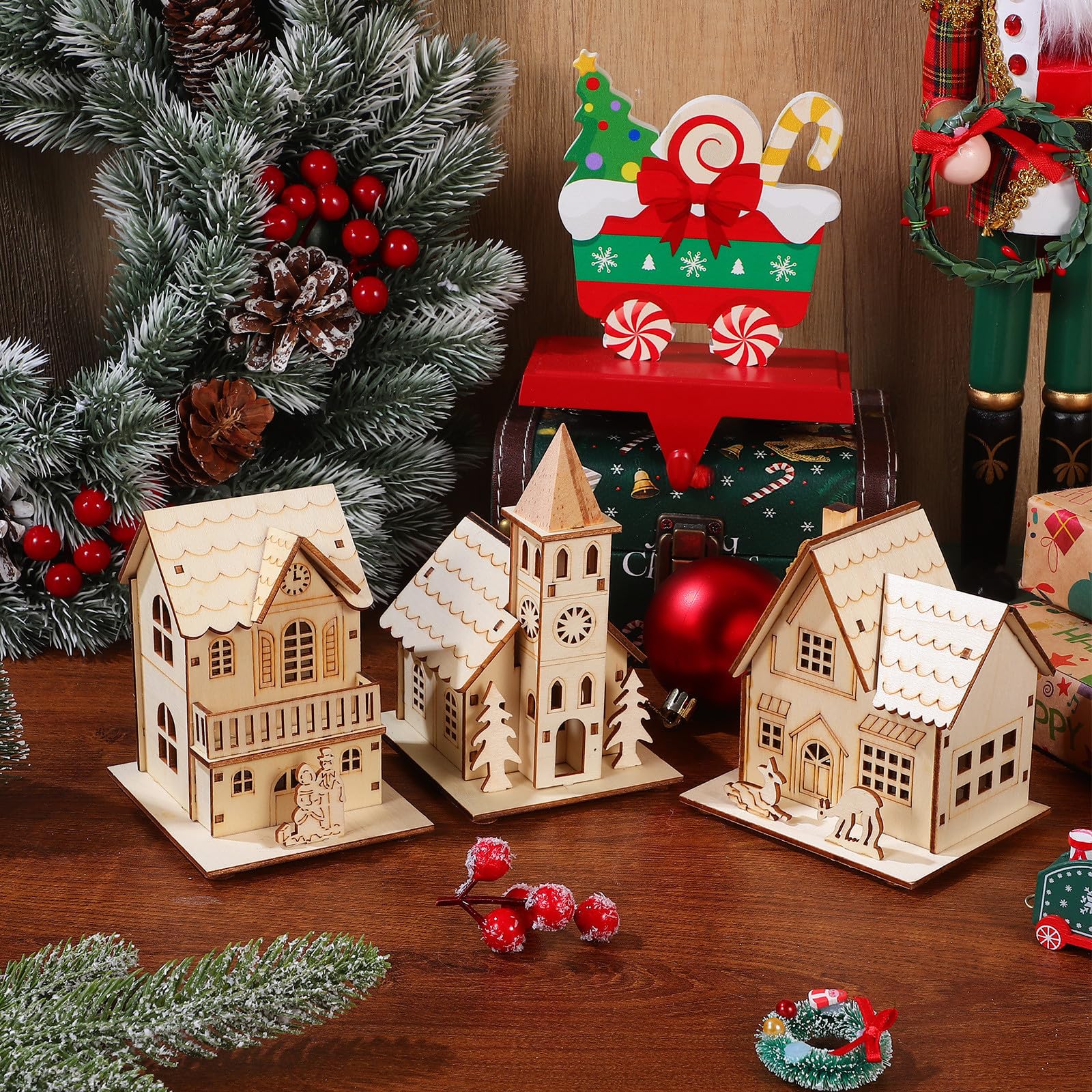 Artibetter 3 Piezas Adorno y Estructura Detallada de Madera Diseño Luminoso Navideño para Adorno de Escritorio y Fiestas de Navidad