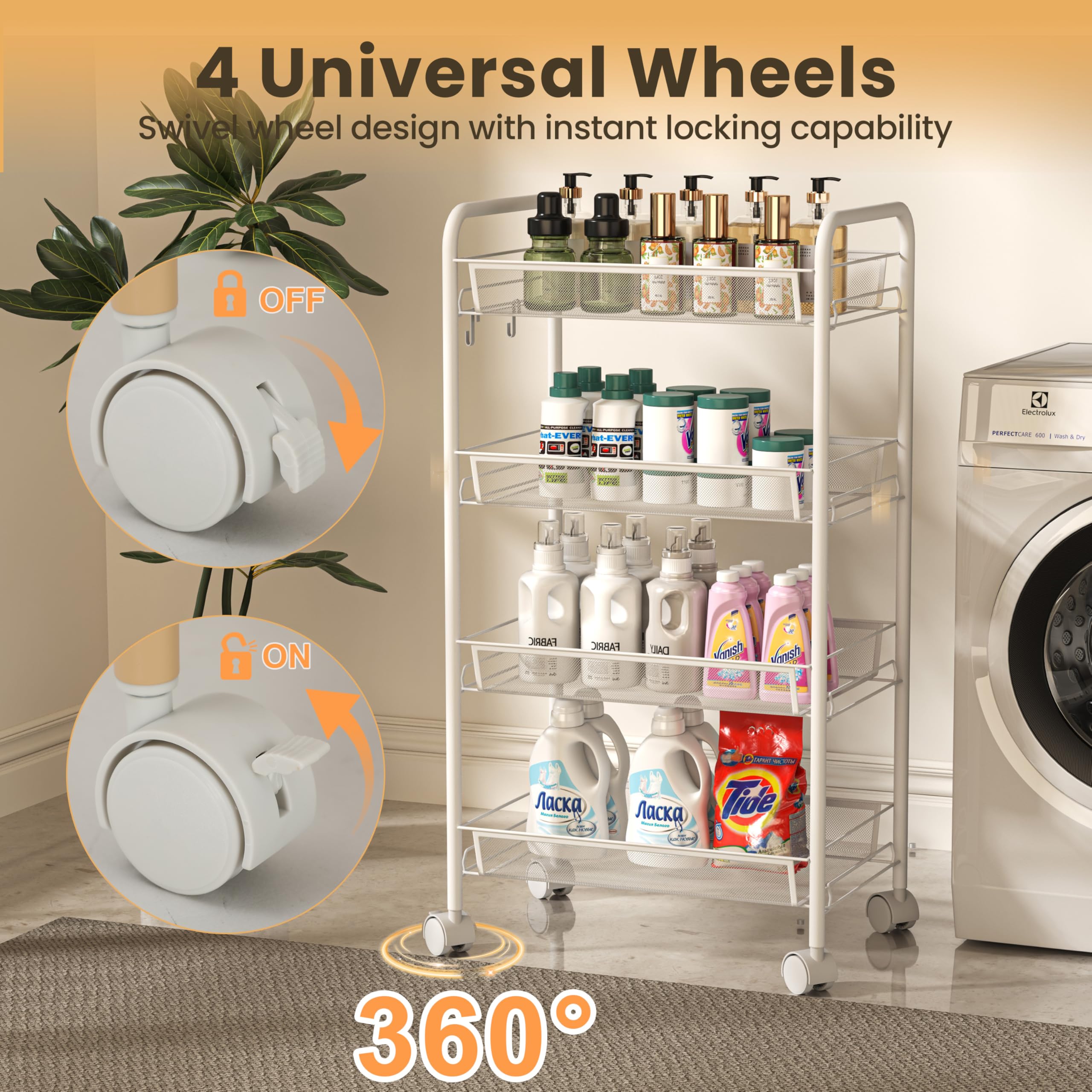 maxplore Carrello in metallo, 4 piani, carrello da cucina con manici, ruote bloccabili, per soggiorno, bagno, cucina, ufficio, bianco