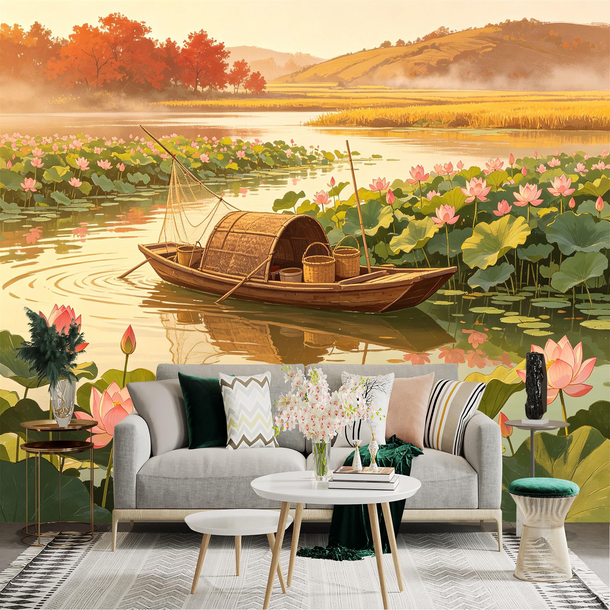 Custom Size Wall Sticker Mural， Traditional Fishing Boat on Lotus Pond， Serene Waterfowl and Blooming Flowers， for wall Decoration， peelandstick wall Decals.