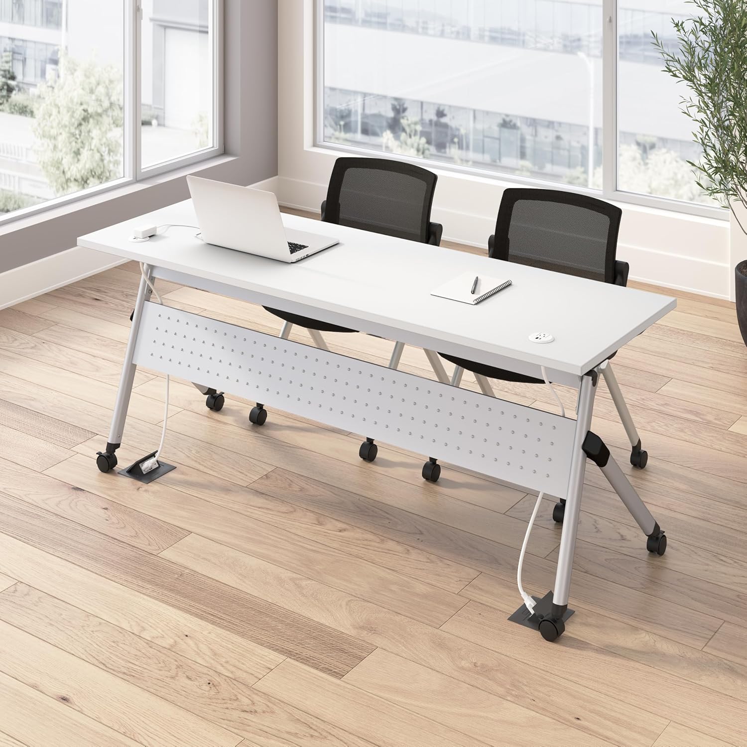 Bush Business Furniture Folding Training Table Set for 2, 72 inch Desk with Powered Grommets and 2 Chairs, Commercial-Grade Bundle for Office or Classroom, Envision Collection, White
