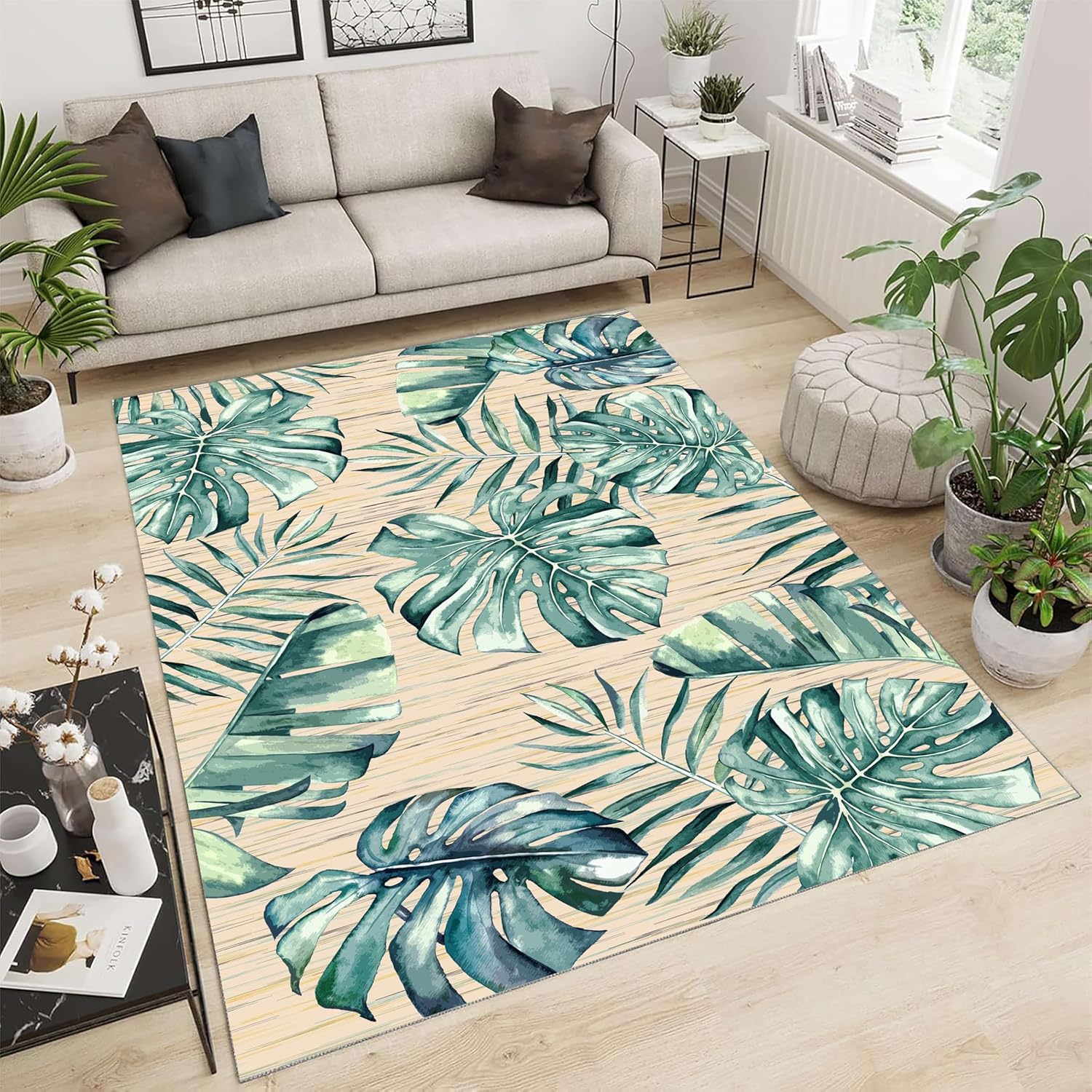 2x3ft Tropical Palm Leaf Area Rug - Green Plant Pattern, Non-Slip Washable Carpet for Living Room Bedroom, Bohemian Soft Durable Floor Mat, Indoor and Outdoor Decorative Carpet
