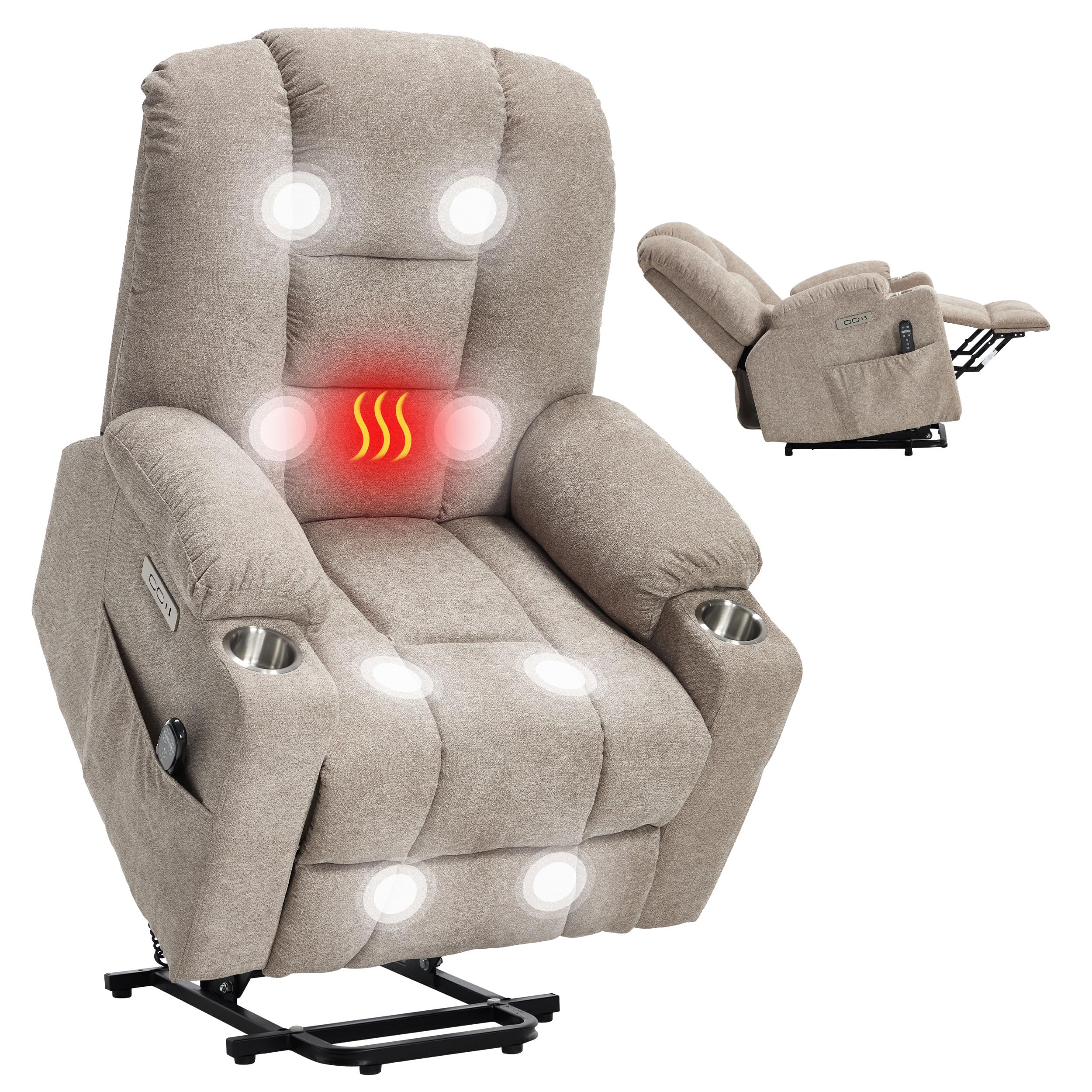 Power Lift Recliner Chair for Elderly, Electric Lift Recliner with Vibration Massage and Lumbar Heating, Single Sofa Reclining Chair with Cup Holders Charging Ports, Polyester Fabric Khaki