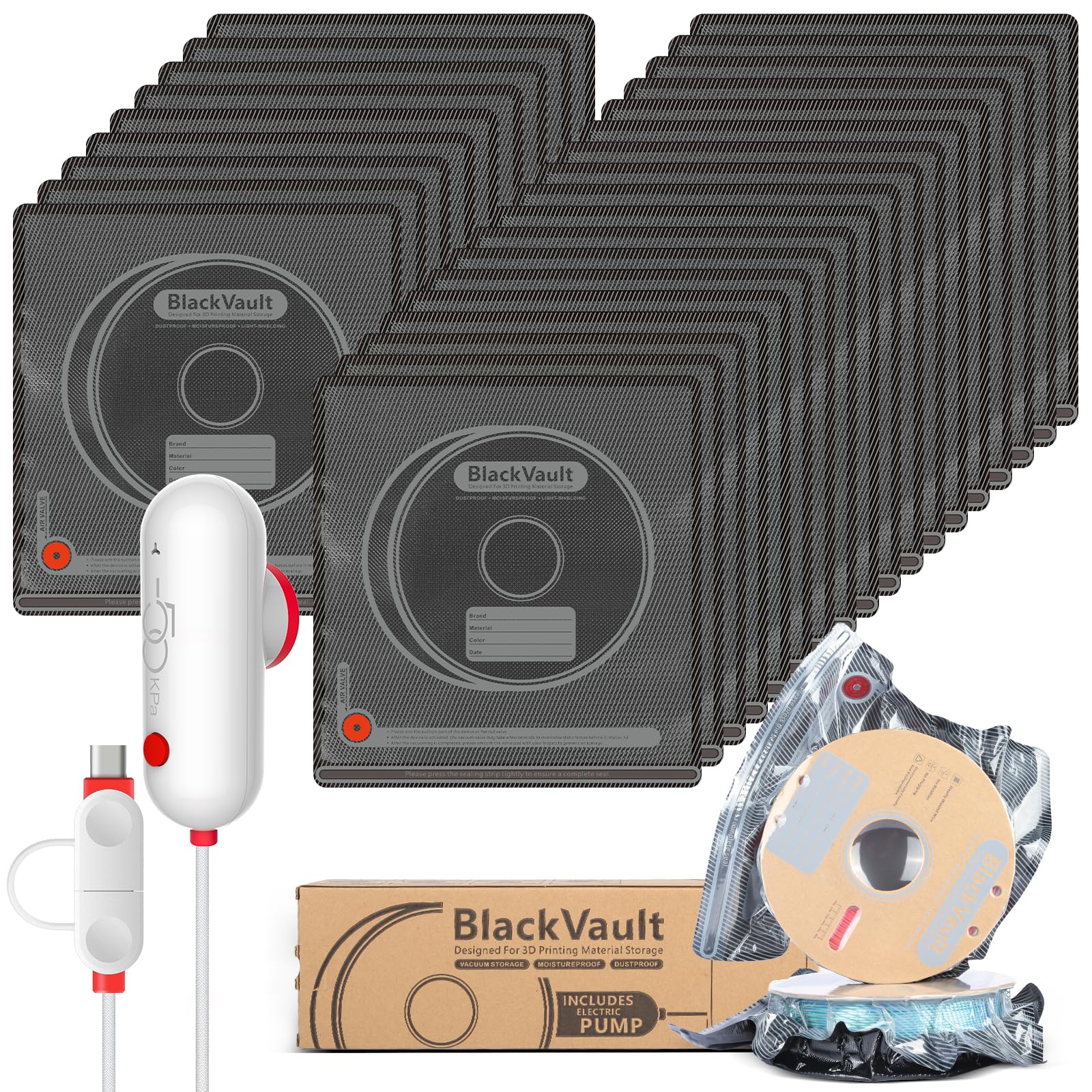 Filament Storage Light-Proof Vacuum Bags with USB Pump 30 Pack