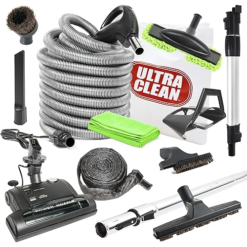 Ultra Clean Central Vacuum Carpet Attachment Kit with Adjustable Height Electric Powerhead – Hose and Deluxe Tools (Black, 35ft)