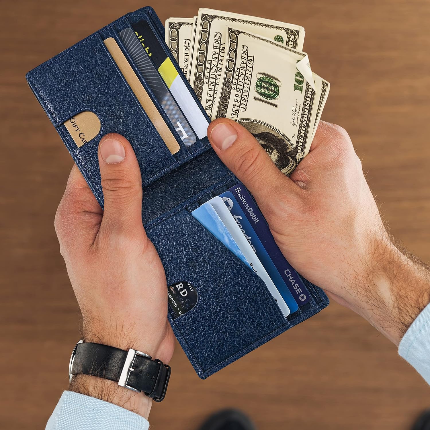 RFID Bifold Leather Wallet For Men with Flip Up ID Secure and Durable Extra Capacity Billfold with 11 Credit Cards in Vintage Buffalo Blue, Tight Stitching & Quick Thumb Push Access, Gift Boxed - Image 5