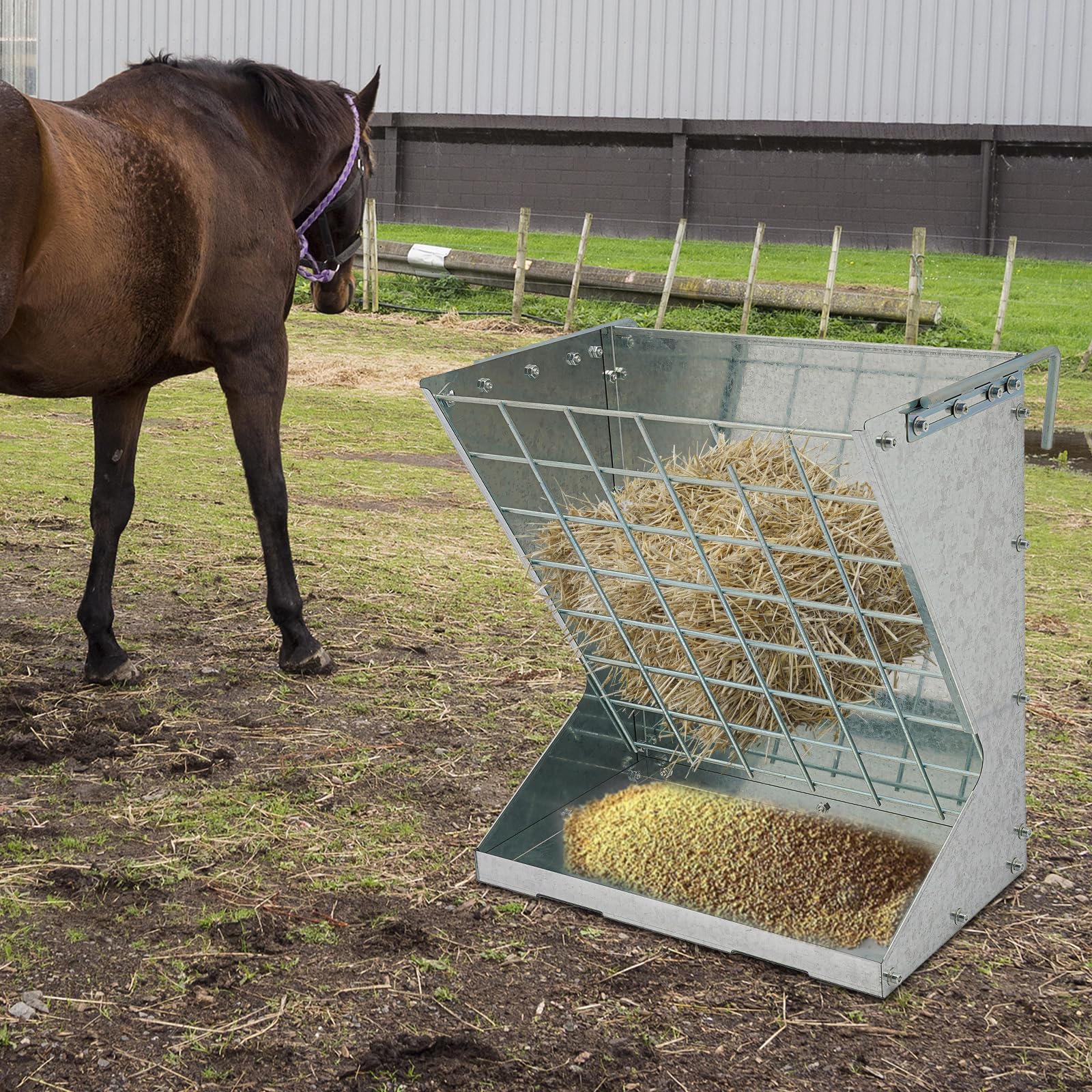 Grand Râtelier à Foin 2 en 1 pour Moutons et Chèvres avec Râtelier à Nourriture, Hay & Grain/Salt Feeder en Métal, Ratelier à Nourriture pour Chevaux avec Grille de Conservation de Aliment