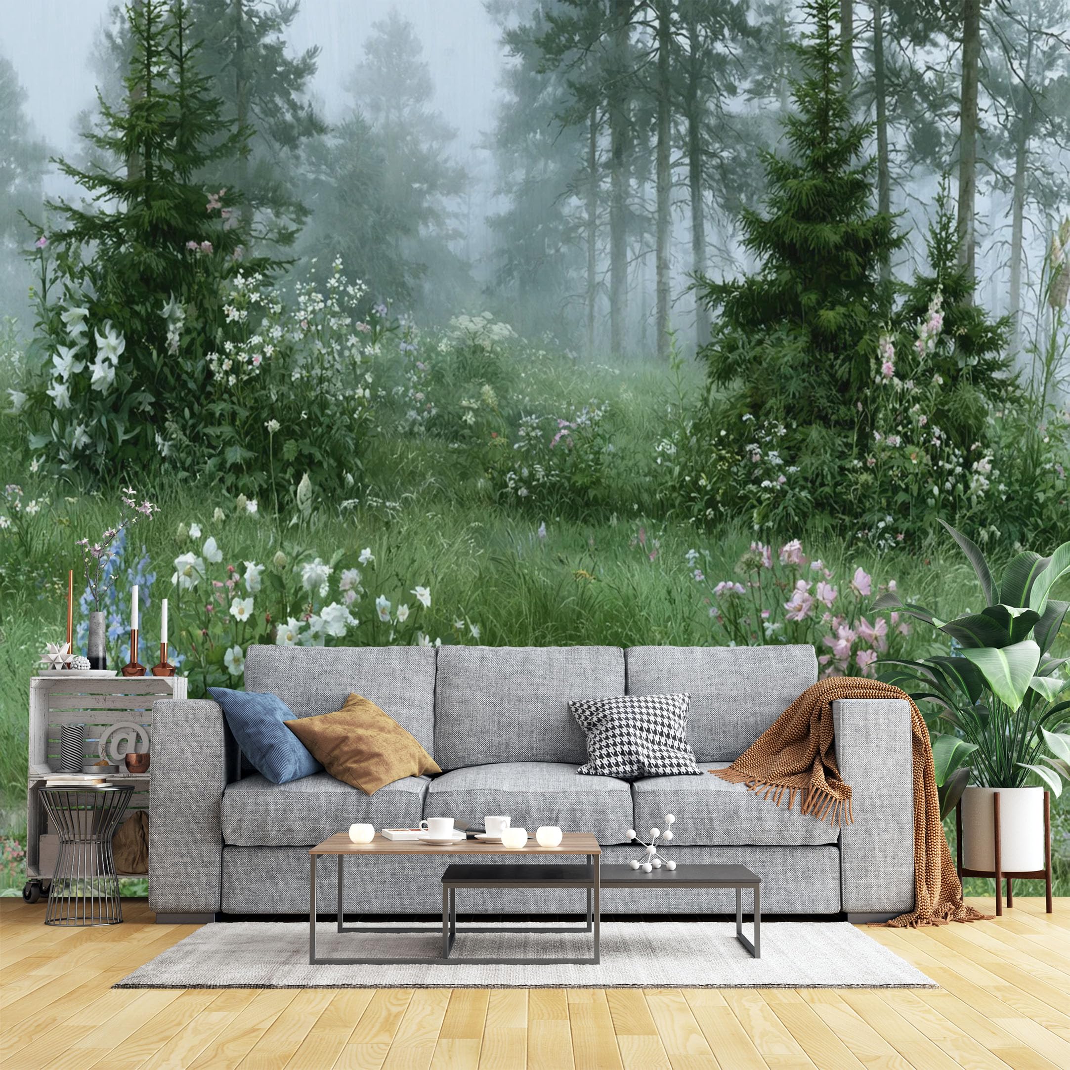 Custom Size Wall Murals Misty Alpine Meadow Painting Wall Murals Serene Nature Art Wallpaper, Home Decor Self-Adhesive Removable Wallpaper for Living Room