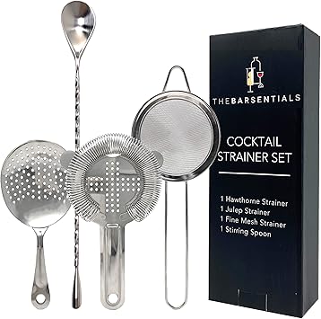 Cocktail Strainer Set (Hawthorne, Julep, and Fine-Mesh) with Stirring Spoon