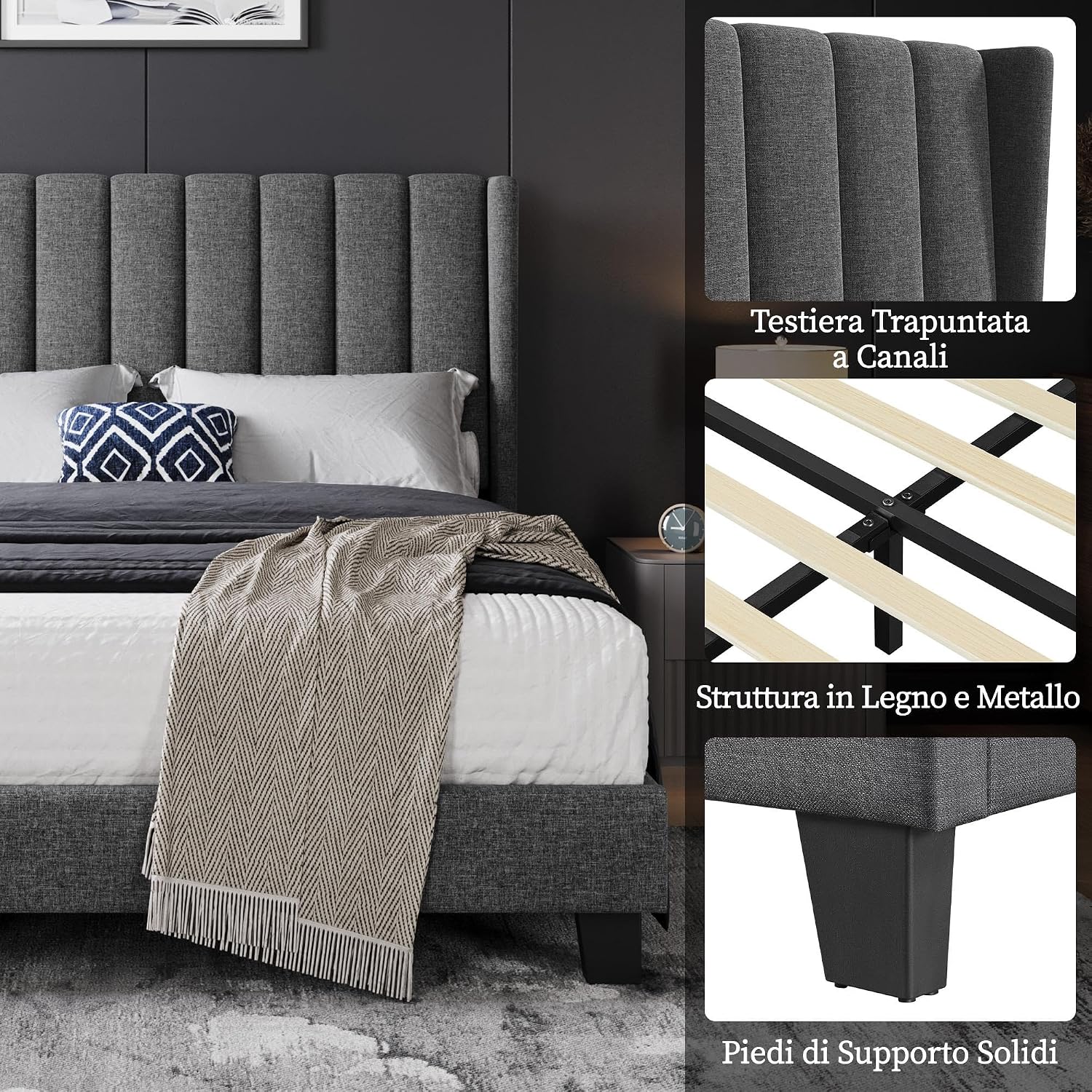 Close-up view of the Yaheetech upholstered bed's channel-tufted headboard, wood and metal frame structure, and solid support feet.