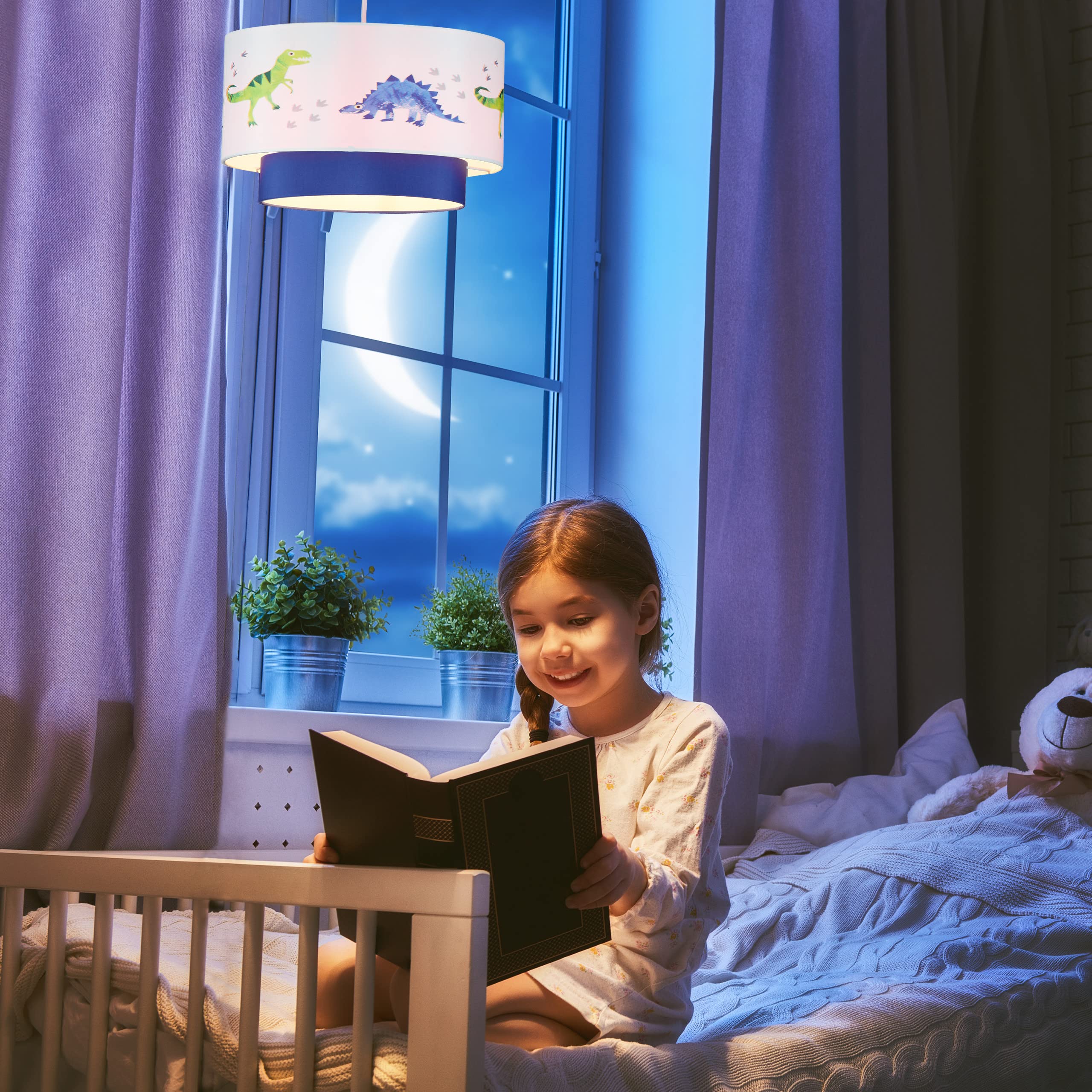 Relaxdays Lámpara de techo con dinosaurios, Pantalla redonda, Iluminación agradable, 126x30 cm, 1 Ud., Azul & Blanco