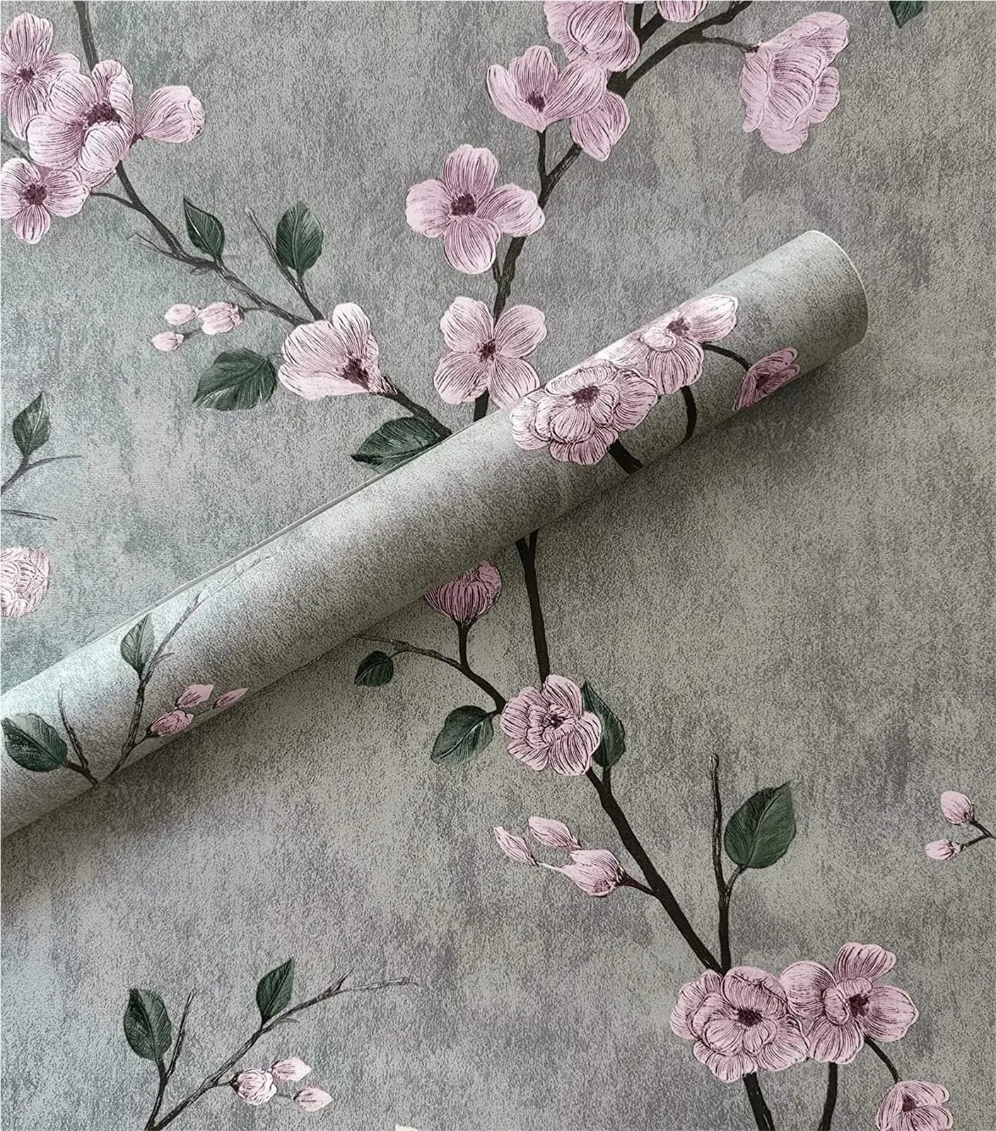 BTGYTTKL Self Adhesive Wallpaper Green Floral Vinyl Contact Paper Peel and Stick Style for Living Room Bedroom Cabinet Surface Makeover(Grey)