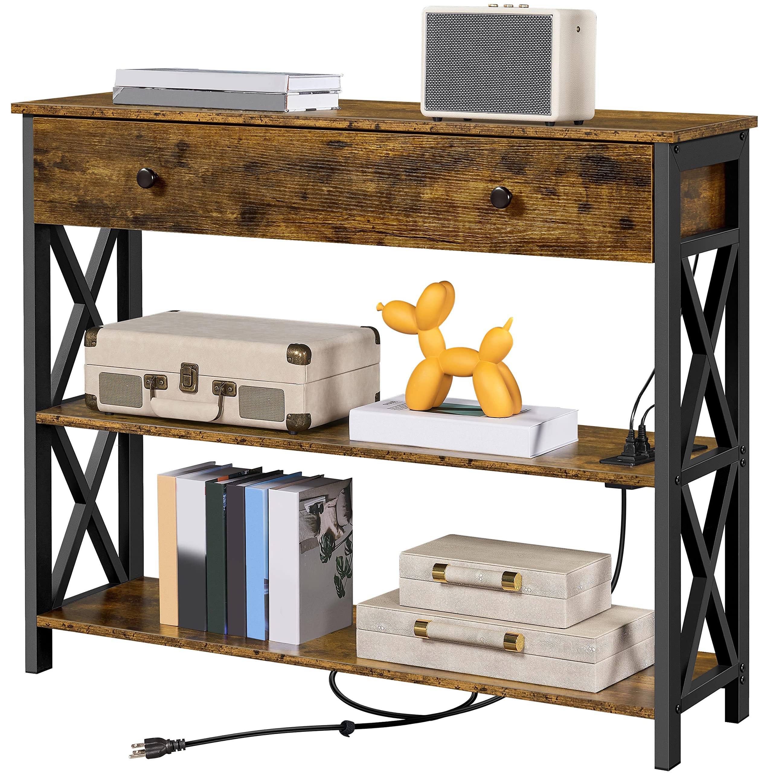 Yaheetech Console Table with 2 Power Outlets and 2 USB Ports, Wood Entryway Table with Drawer and Storage Shelves, Narrow Sofa Couch Table for Living Room, Hallway, Metal Frame, Rustic Brown