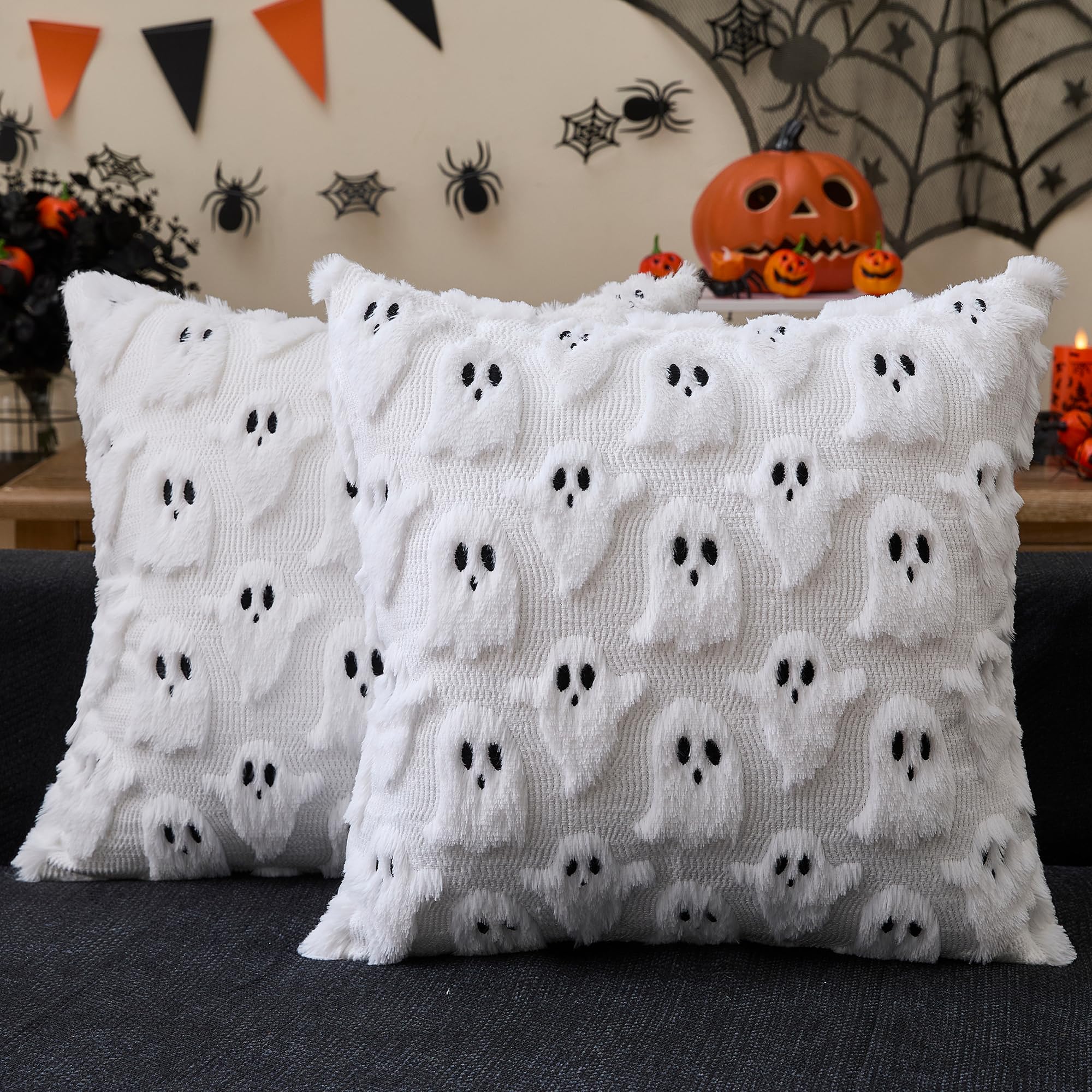 Halloween Ghost Pillow Covers 18x18 inch Set of 2,White Soft Plush Faux