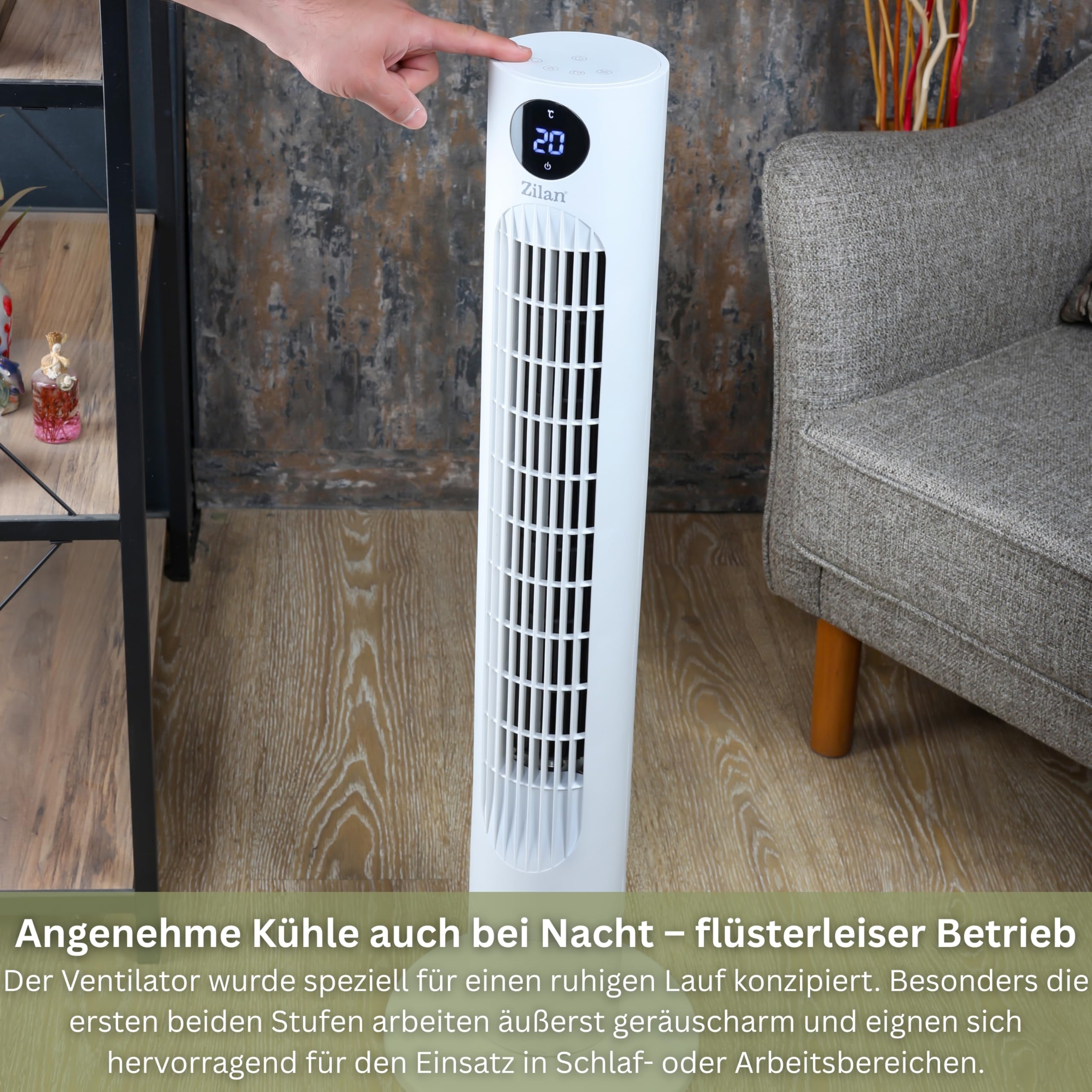 Zilan Turmventilator sehr leise mit Kühlung Standventilator energiesparend Säulenventilator mit Fernbedienung 3 Modi Ventilator Oszillierend 12h Timer LED-Display Tower Fan Aircooler Bodenventilator