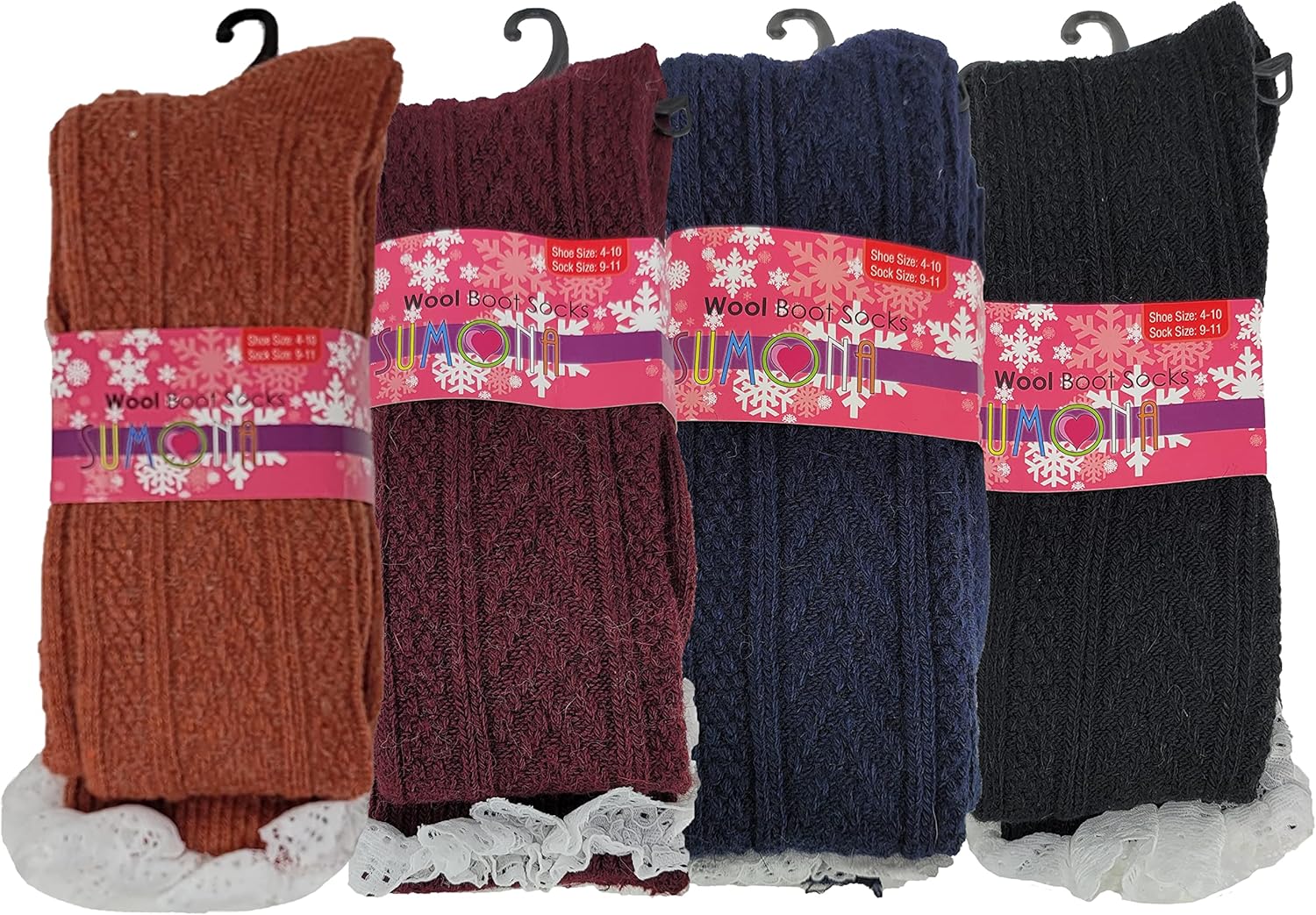 SUMONA 4 Pairs Women Wool Cable Knit Knee High/Thigh High/Crew Winter Boot Socks 9-11 (4 Pairs Over Knee High W/Lace, 9-11) - Image 3