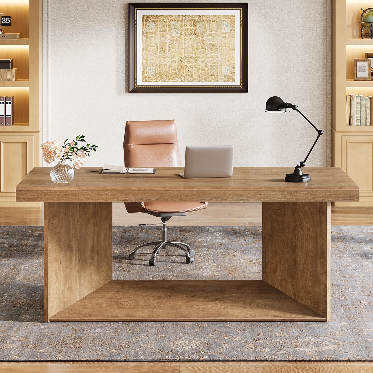 Tribesigns 63-Inch Executive Desk, Large Office Computer Desk with Heavy Duty Pedestal, Farmhouse Simple Workstations Writing Table for Home Office, Rustic Brown