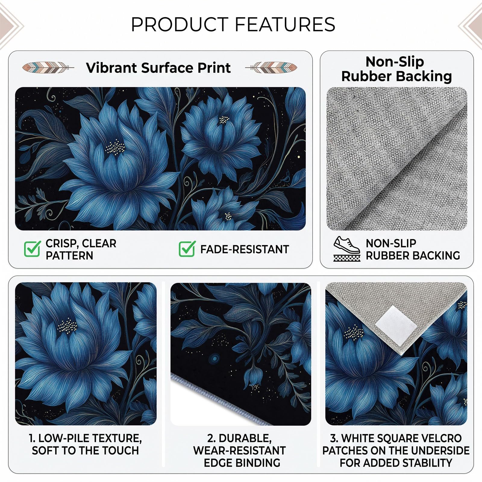 Kurzflor Teppich Wohnzimmer Minimalistisch Floral Blume Flauschig Weiche Anti Rutsch Unterseite Teppiche für Kinderzimmer Schlafzimmer Küche, Pflegeleicht Waschbare Fußmatte, Blau, 180 x 240 cm