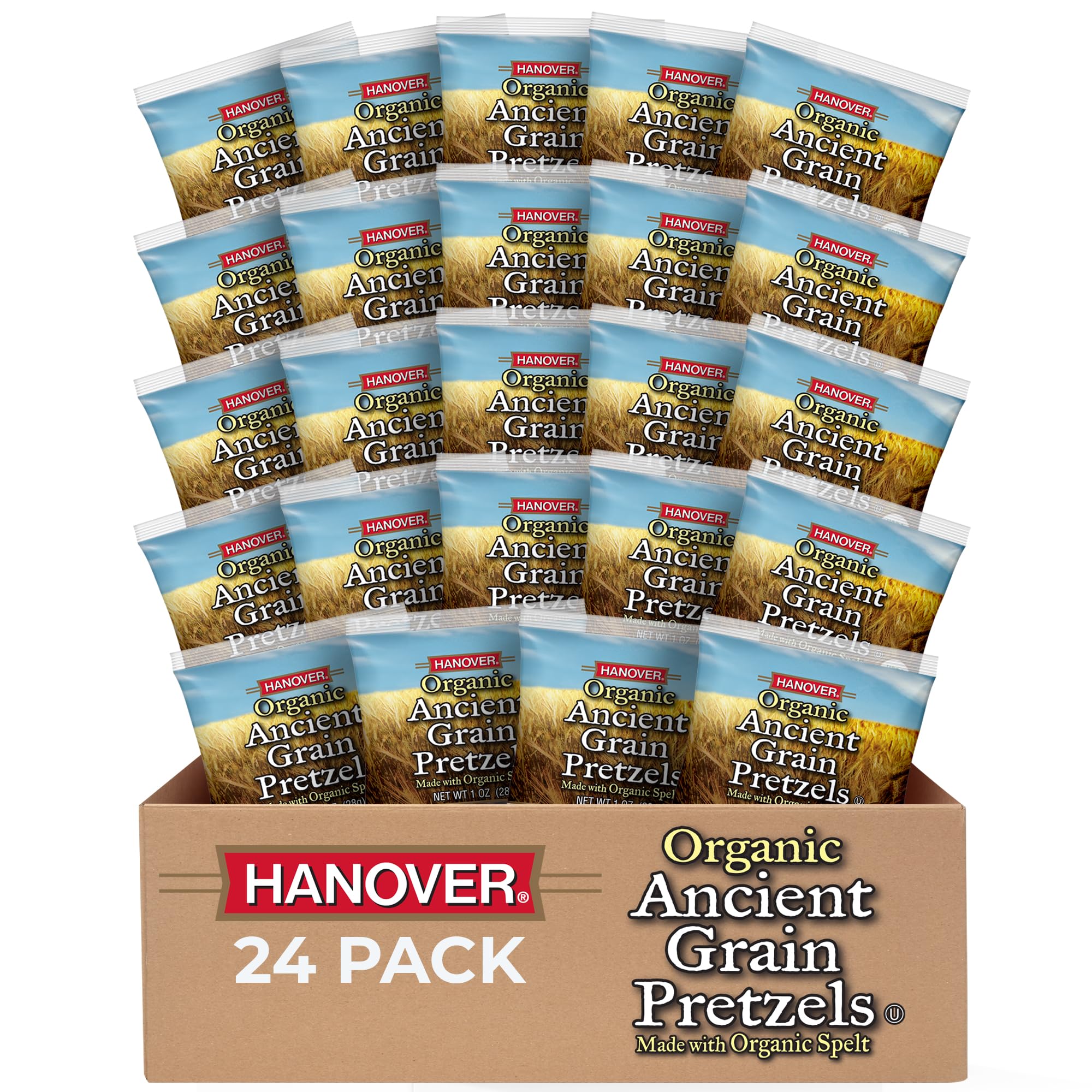 Hanover Organic Ancient Grain Spelt Sea Salt Pretzels - Low Fat Cholesterol - Kosher Pretzels, Trans Fat Free Seasoned Whole Grain Pretzels - Mini Pretzels Individual Packs- Non-GMO Pretzel Snack Bags 1 Ounce (Pack of 24)