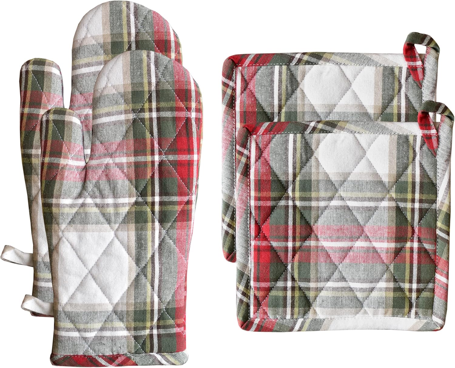 Fabstyles 100% Cotton Oven Mitts & Potholders, Set of 4, Heat Resistant and Machine Washable Kitchen Gloves for Cooking and Baking (Celebration Plaid)