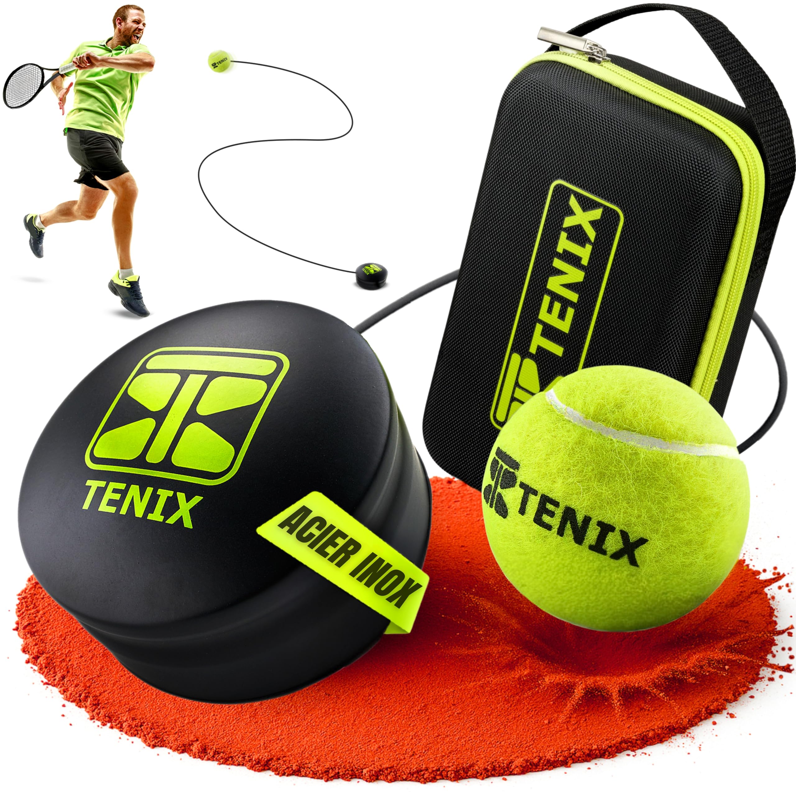 TENIX® Tennis Trainer [avec Power-Grip-System] Entrainement tennis pour enfants & adultes | Jouez dans votre jardin, au parc ou sur le court | Votre entraineur de tennis à portée de main!