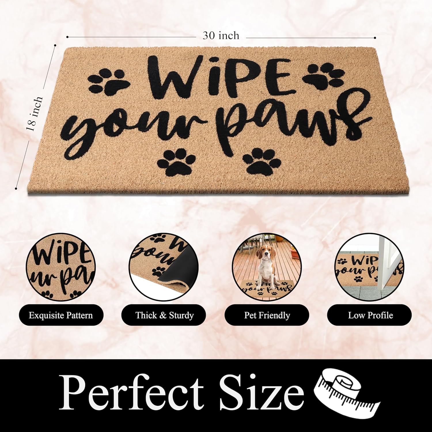 A1HC Natural Coir Flocked Doormat with Heavy Duty Non-Slip PVC Backing Easy to Clean, Fade Resistant, Low-Profile Durable Doormat (Wipe Your Paws Black, 18x30)