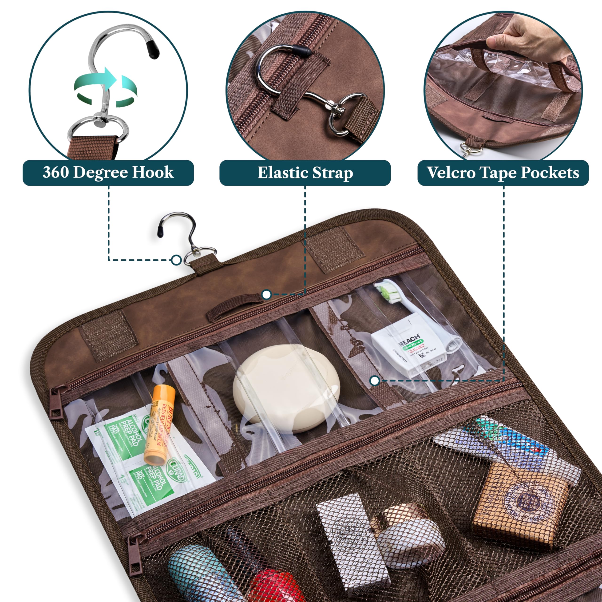 PAVILIA Kulturbeutel zum Aufhängen für Damen und Herren, groß, faltbar, mit Haken, wasserabweisend, Make-up-Kosmetiktasche, transparente Taschen für Badezimmer, Fitnessstudio, Kreuzfahrt, Braun, Large