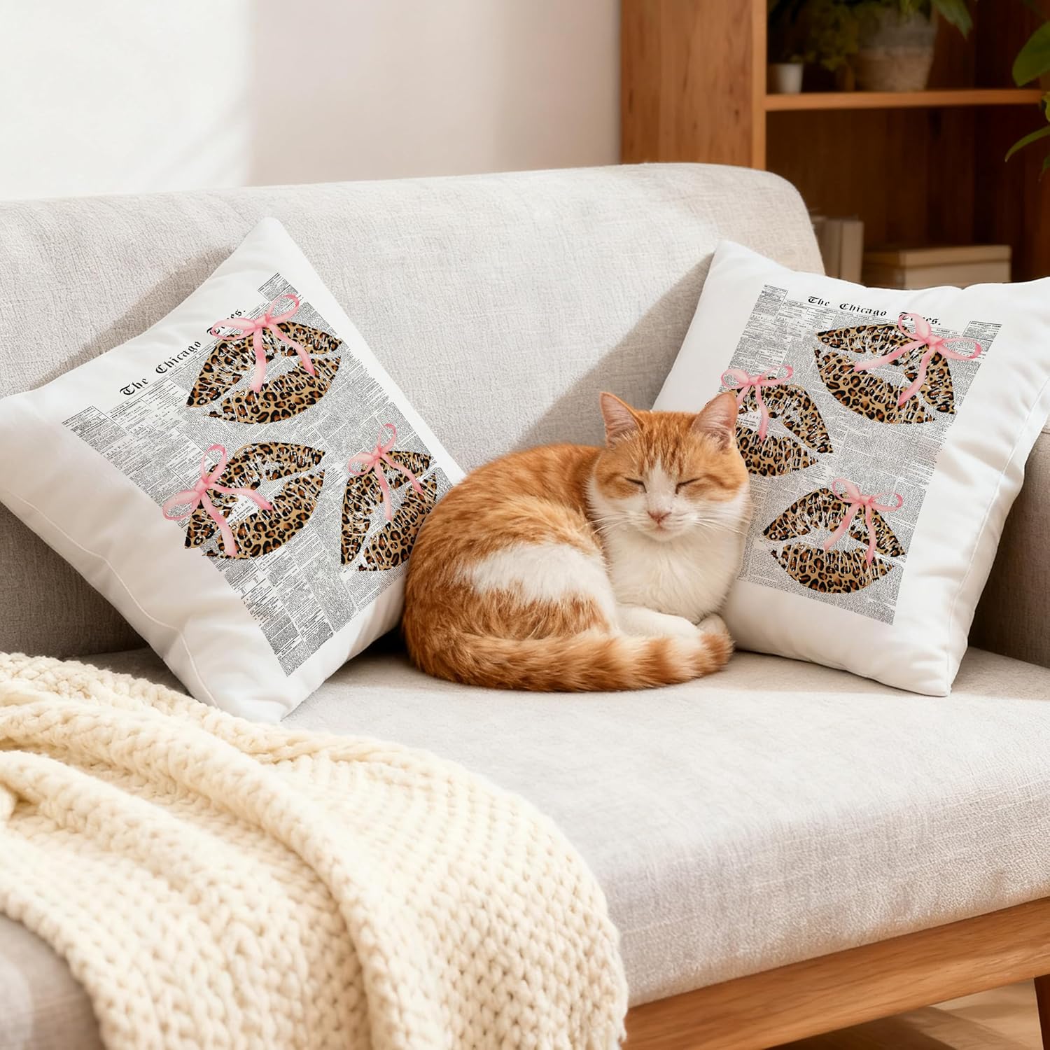 Pink Bow Leopard Lips Pillow Covers 18x18, Cheetah Print Room Decor, Retro Trendy Girly Leopard Kiss Lips Decorative Throw Pillow Covers for Home Bedroom Girls Room Dorm - Image 2