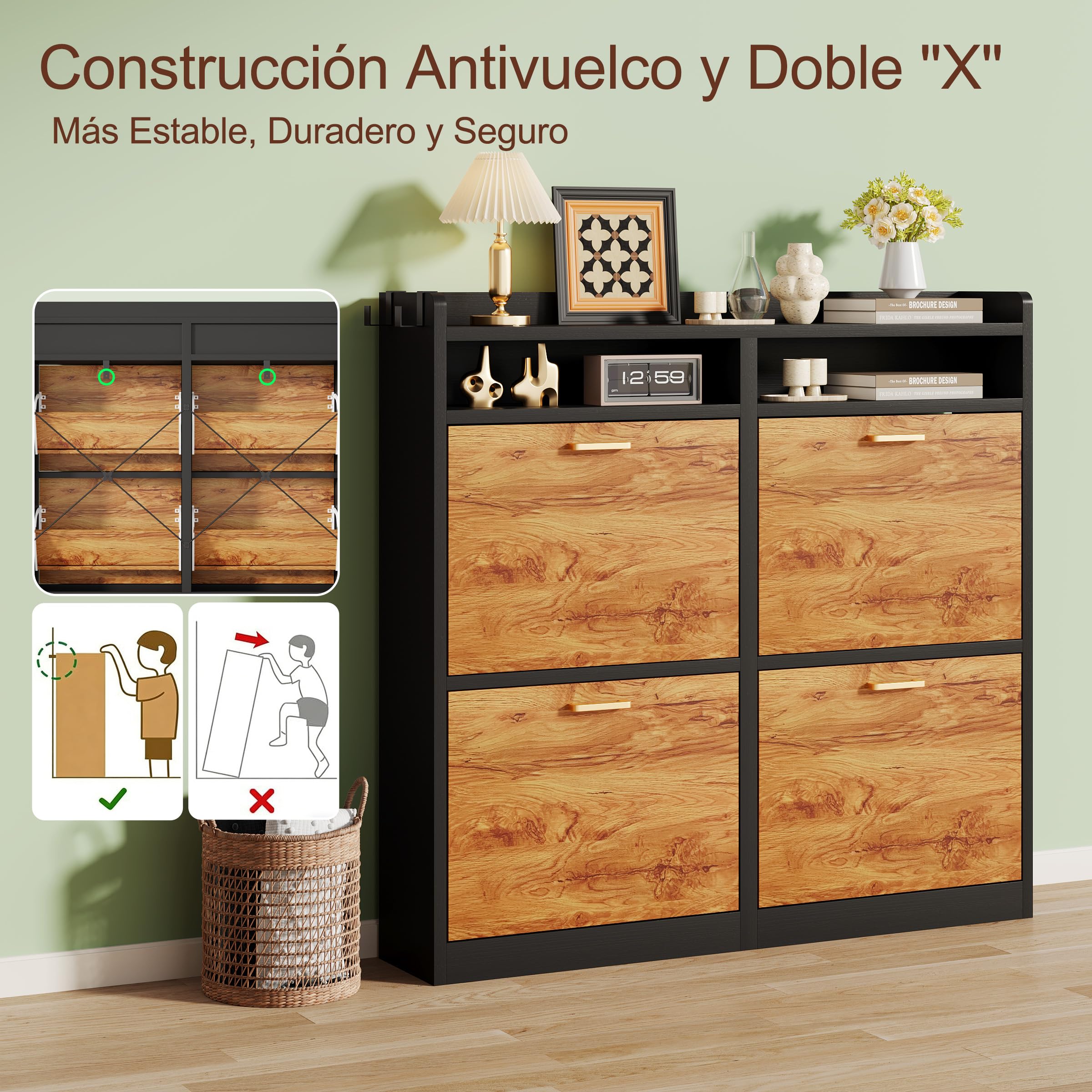 Zapatero 4 Puertas 20cm Estrecho Mueble Zapatero con 2 Compartimentos de Almacenamiento para 12-16 Pares de Zapatos，para Sala de Estar, Pasillo de Entrada, 105,5x20x100cm Negro Naranja