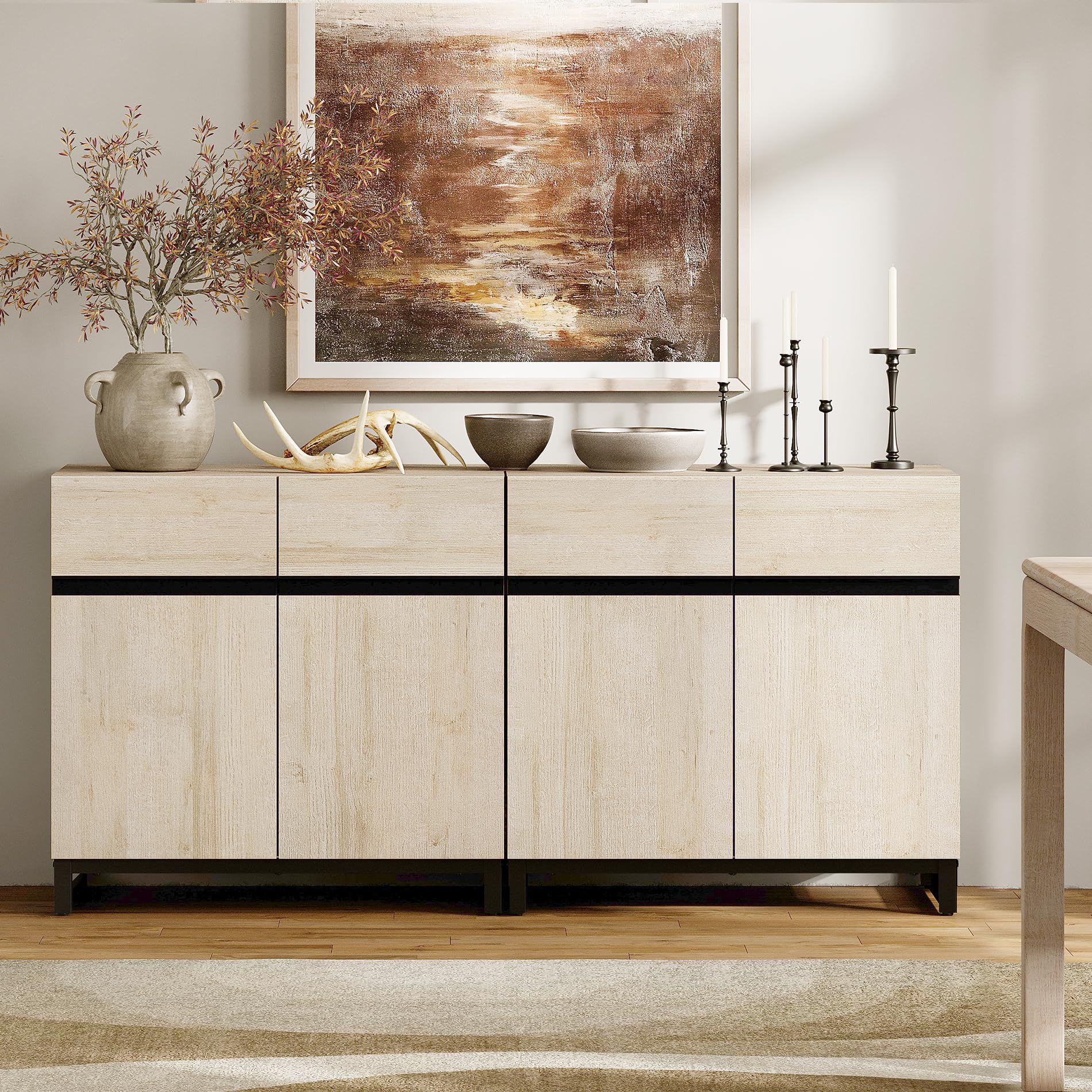 WAMPAT 2 in 1 Sideboard Buffet Cabinets for Dining Room, Wooden Kitchen Storage Cabinets, Farmhouse Wood Coffee Bar Tables, Accent Sideboard Storage