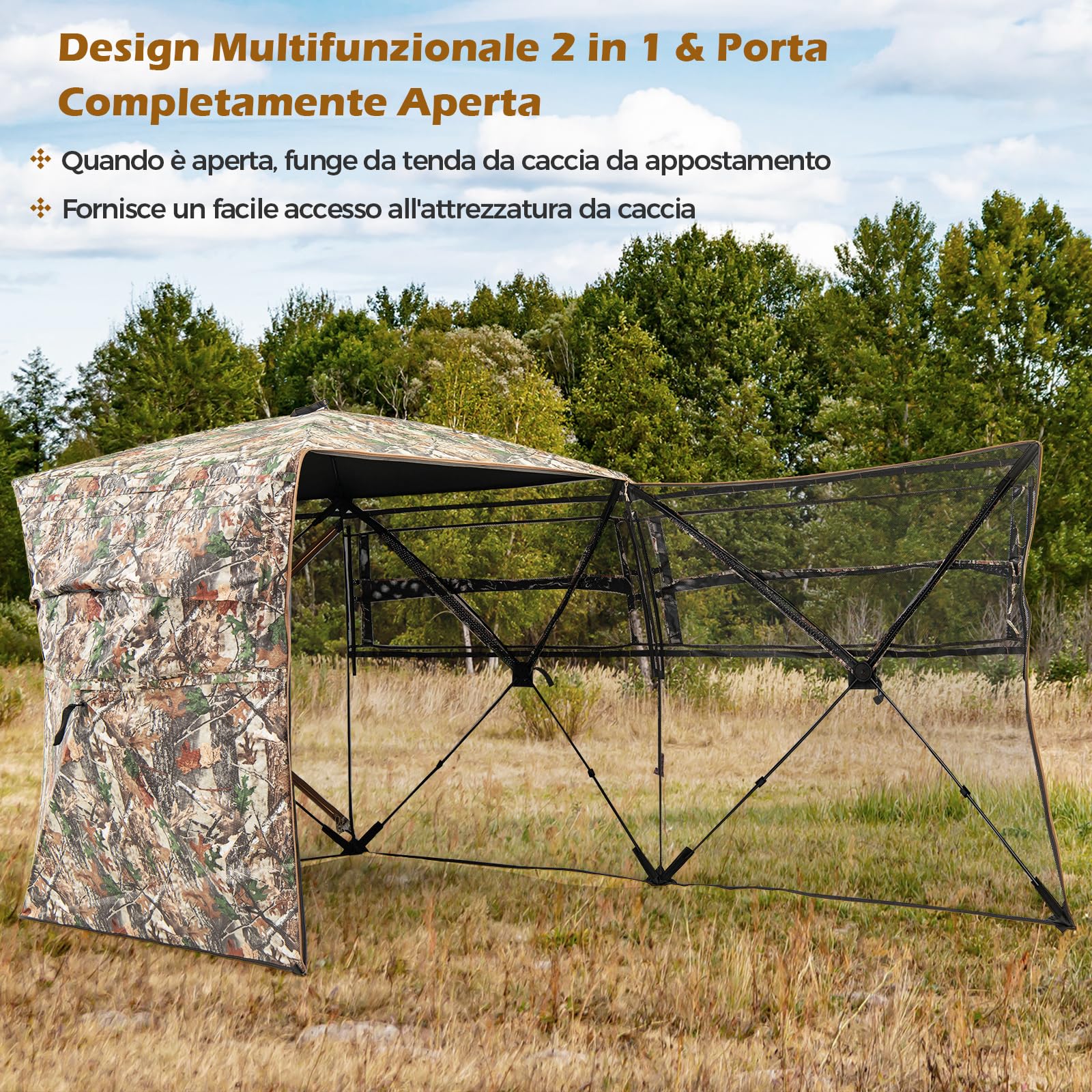 COSTWAY Tenda da Caccia per 2-3 Persone, Tenda Mimetica a Visione a 360° per Caccia, Tenda Pop-Up Camouflage con Borsa da Trasporto, Apribile Completamente da 1 Lato, 148 x 148 x 170 cm