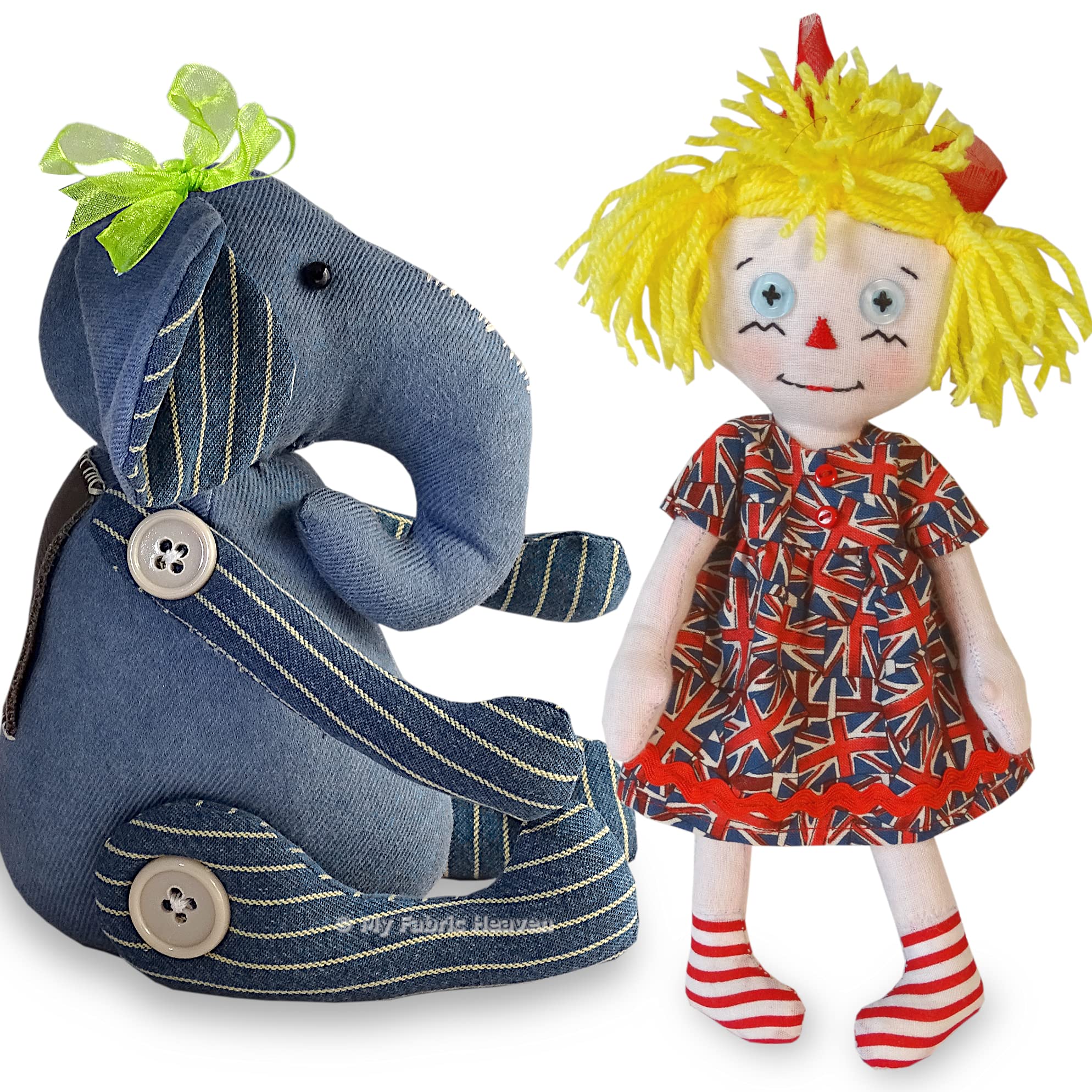My Fabric Heaven Two Discounted Sewing Patterns Rag Doll & Denim Elephant Keepsake Stuffed Soft Toys & Easy Photo-Tutorial Instructions. Free Post