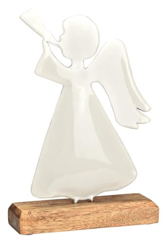 Statuetta decorativa a forma di angelo con flauto, in metallo su base in legno di mango, decorazione per avvento e Natale, decorazione natalizia, colori: bianco e marrone