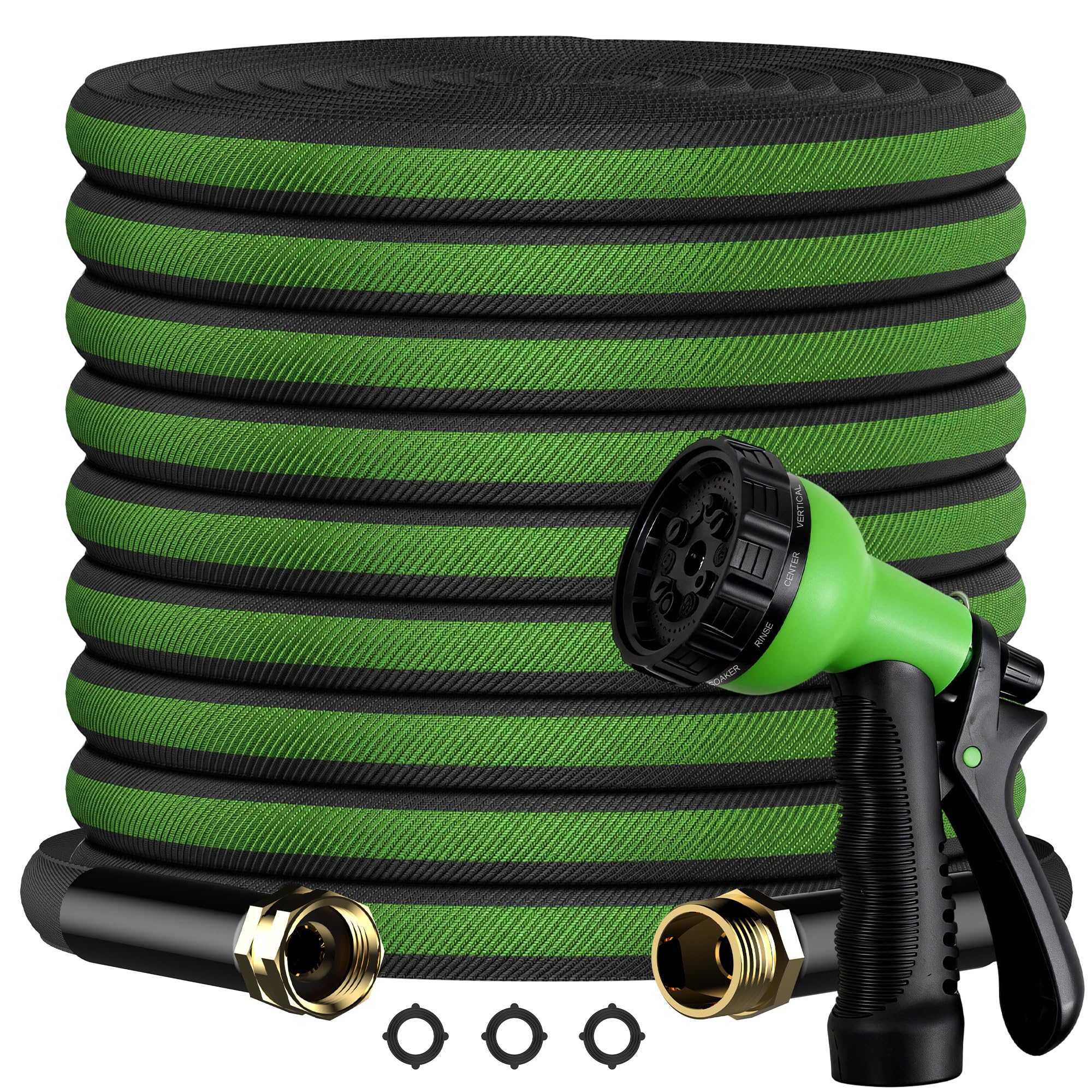 Photo 1 of 100FT Non-Expandable Flat Garden Hose with 10 Function Nozzle,No-Kink,Green