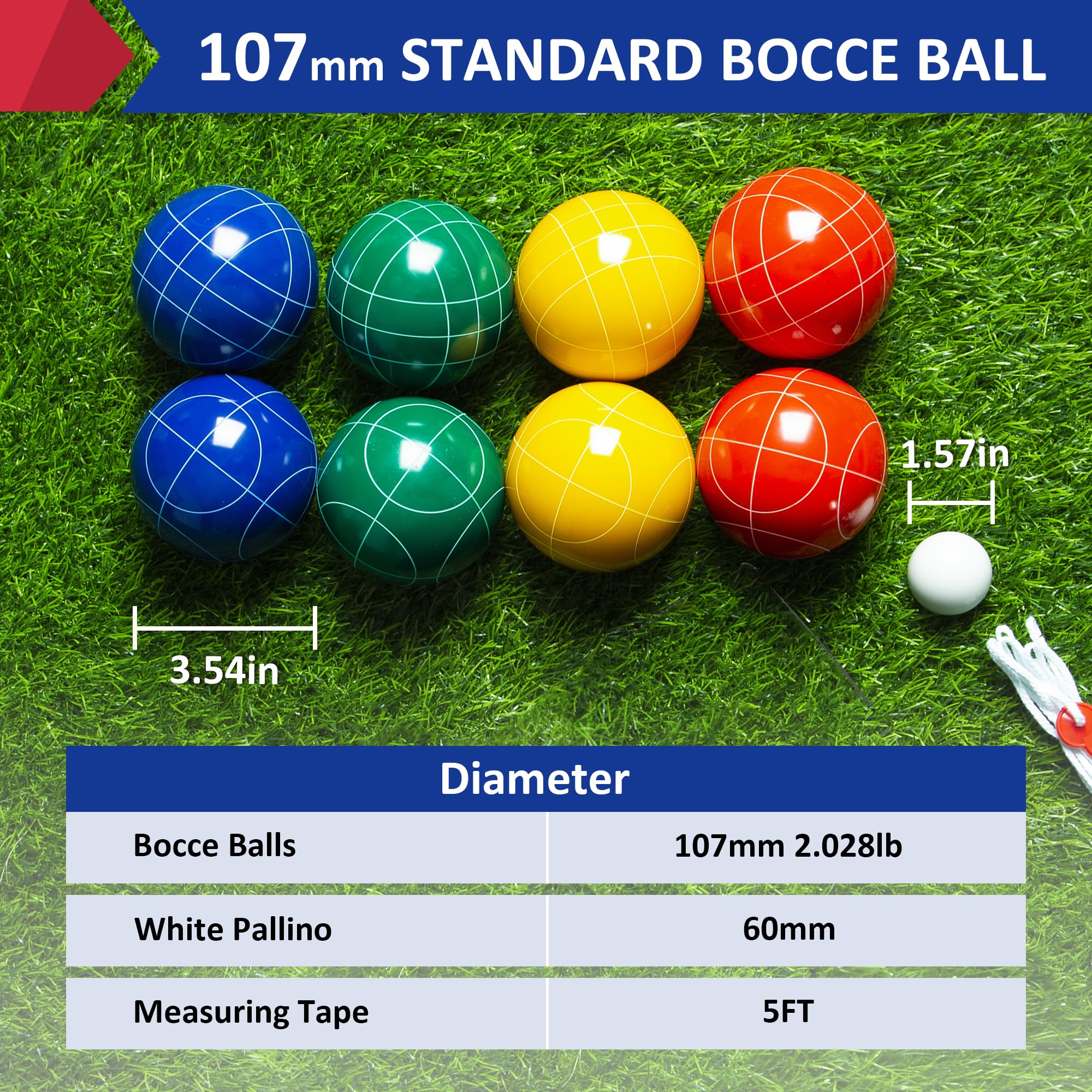 ropoda 107mm Bocce Ball Set Regulation Size and Weight with 8 Resin Bocce Balls, Resin Bocci Balls for Professional Tournament Competition, 60mm Pallino, Nine-Grid Shockproof Carrying Bag(2-8 Players)