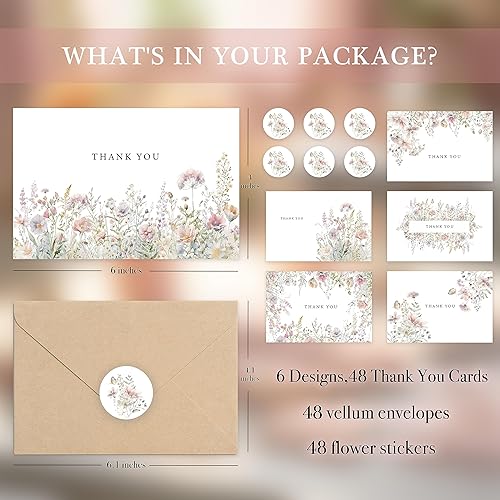 Floral Thank You Cards with Envelopes,48Pack - 4x6 Inches Thank You Notes with envelope and stickers,baby shower thank you cards,Thank you cards for baby shower,wedding,Birthday