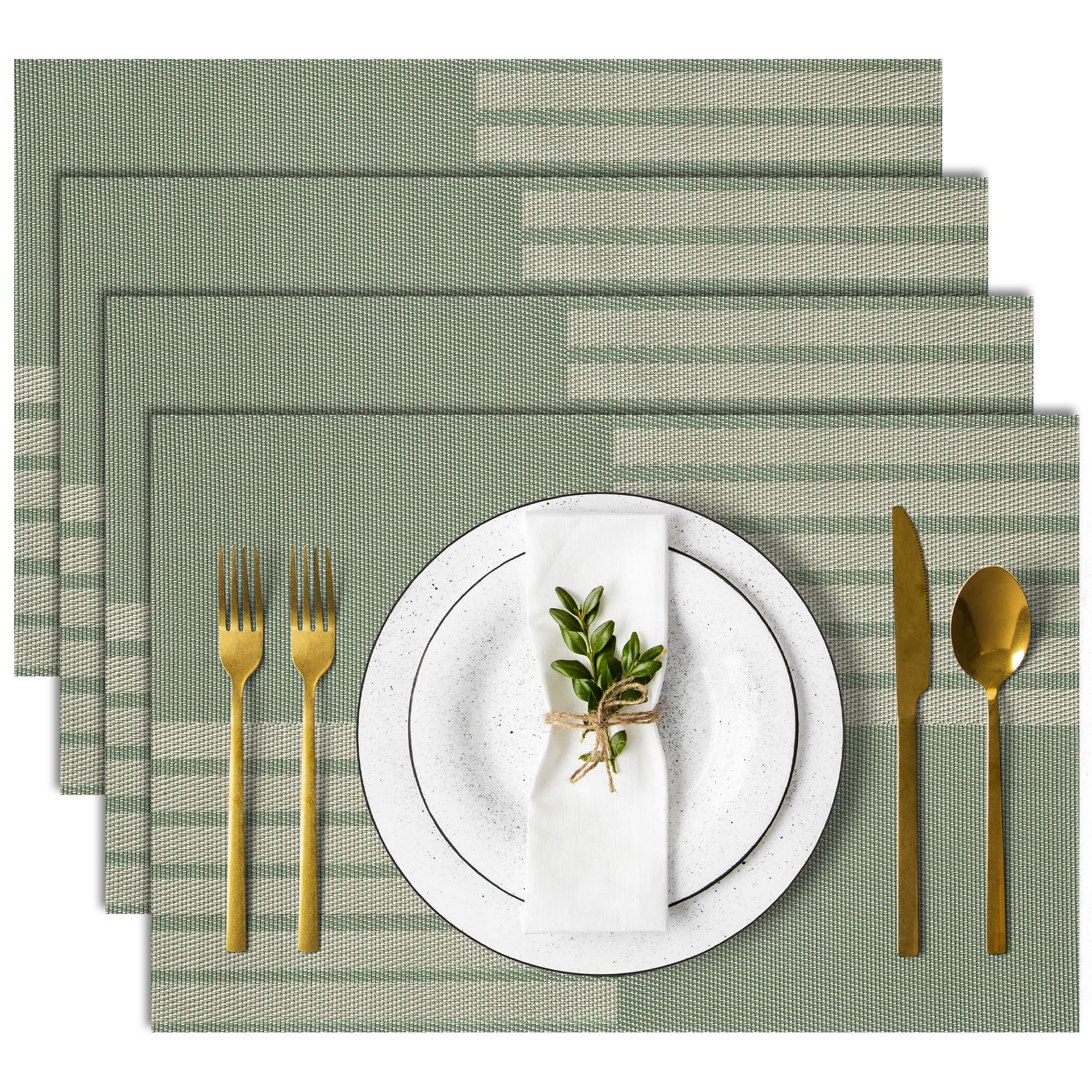 COSMOCASA Vinyl Striped Placemats Set of 4, Reversible Plastic Woven Dining Table Mats Indoor & Outdoor, Washable, Easy to Clean, Heat Resistant Place Mats, Green, 18" x 12"