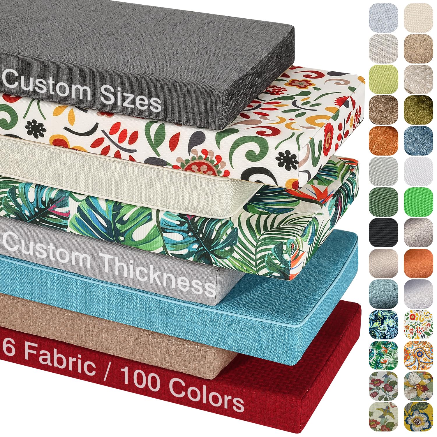 JYCASC Custom Size Bench Cushions for Indoor/Outdoor Patio Furniture 100+ Colors to Choose Form, Custom 6 Fabric/High-Resilience Foam/Non-Slip Bottom