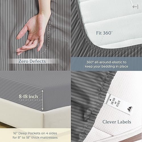 Miniatura 5 de Juego de sábanas de 500 hilos 100 % algodón egipcio a rayas, tamaño King dividido de algodón de fibra larga para cama, se adapta a colchones de