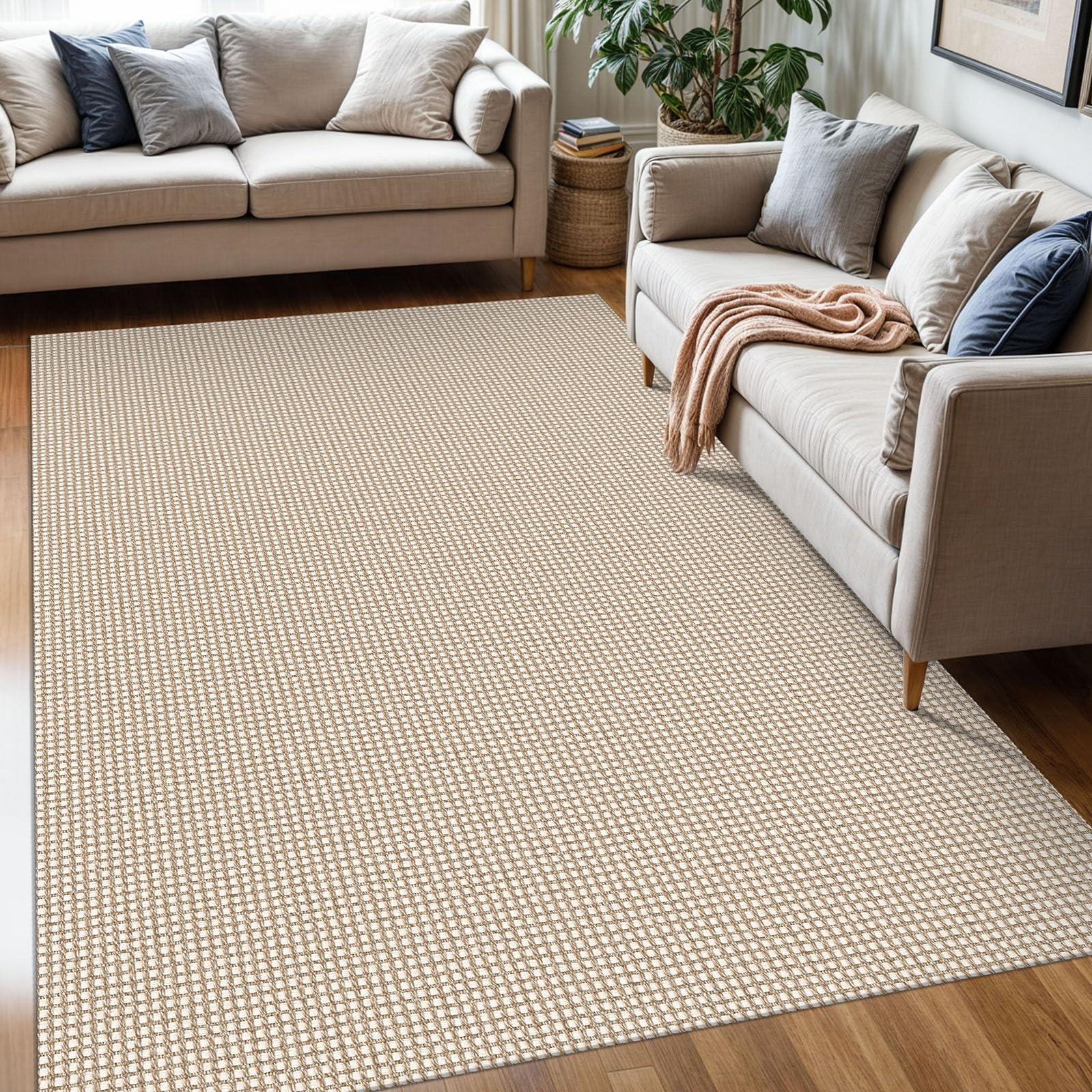 KOZYFLY Washable Area Rug 5x7 ft Rubber Backed Non Slip Rugs for Living Room Braided Cotton Bedroom Rug Woven Office Rugs Indoor Outdoor Floor Carpets for Dining Bedroom Living Room, Ivory/Khaki — image 1