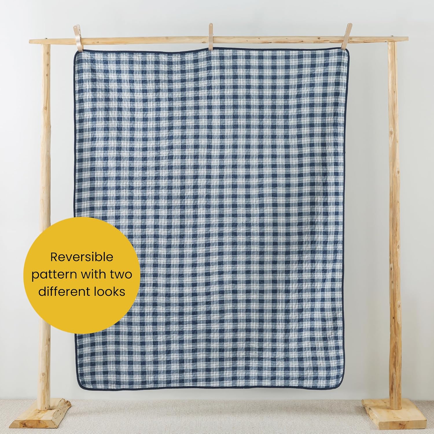 Soul & Lane Midnight Plaid 50" x 60" Cotton Quilted Throw Blanket, Country Farmhouse Checkered Patchwork Throw Quilt for Couch, Navy Check Pieced Lap Quilt with White and Blue Pattern - Image 5