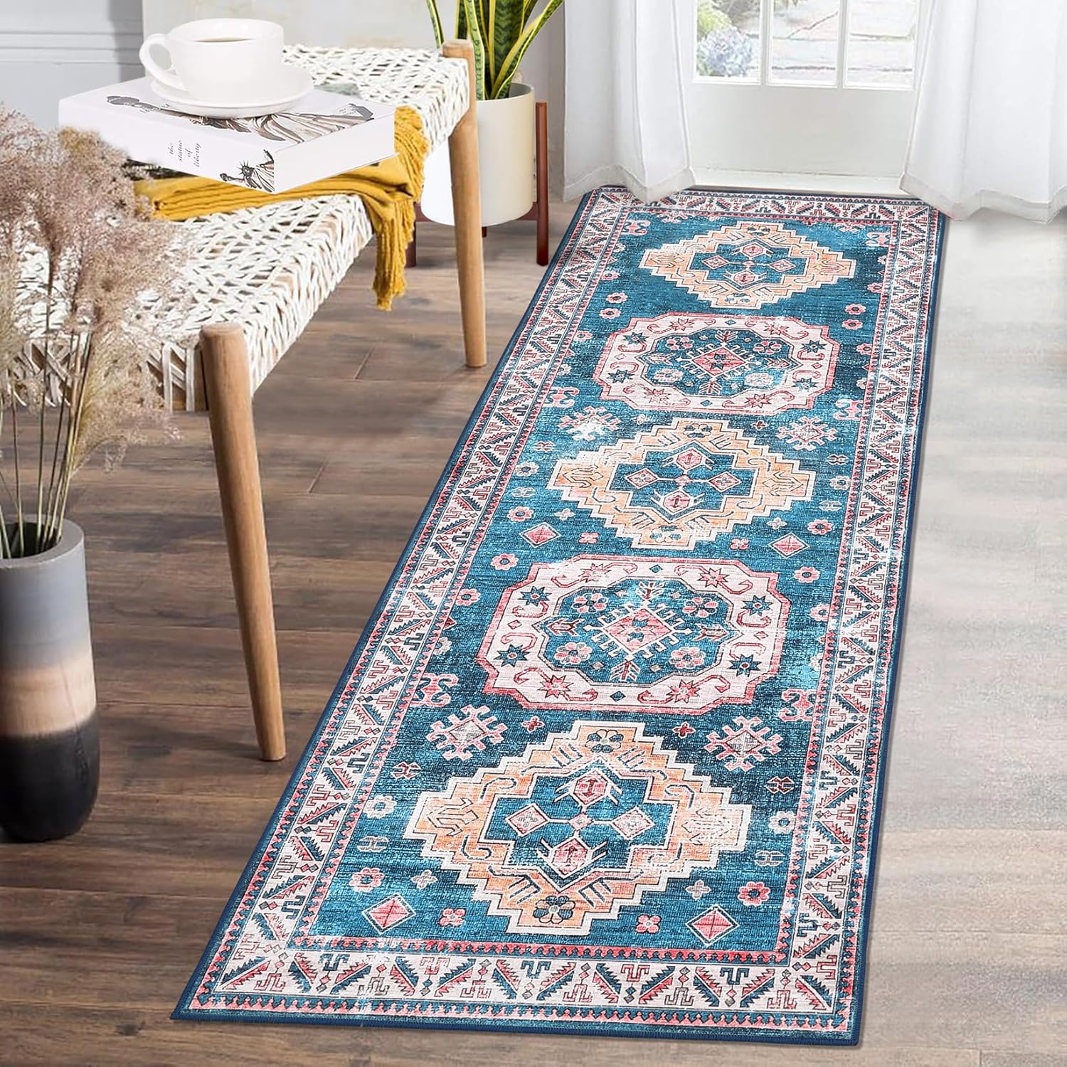 Zacoo Tribal Area Rug 2x6 Hallway Vintage Bedroom Throw Rugs Non-Slip Machine Washable Rugs Low-Pile Floor Carpet for Kitchen Laundry Living Bathroom Blue/Fuchsia 2'x6'