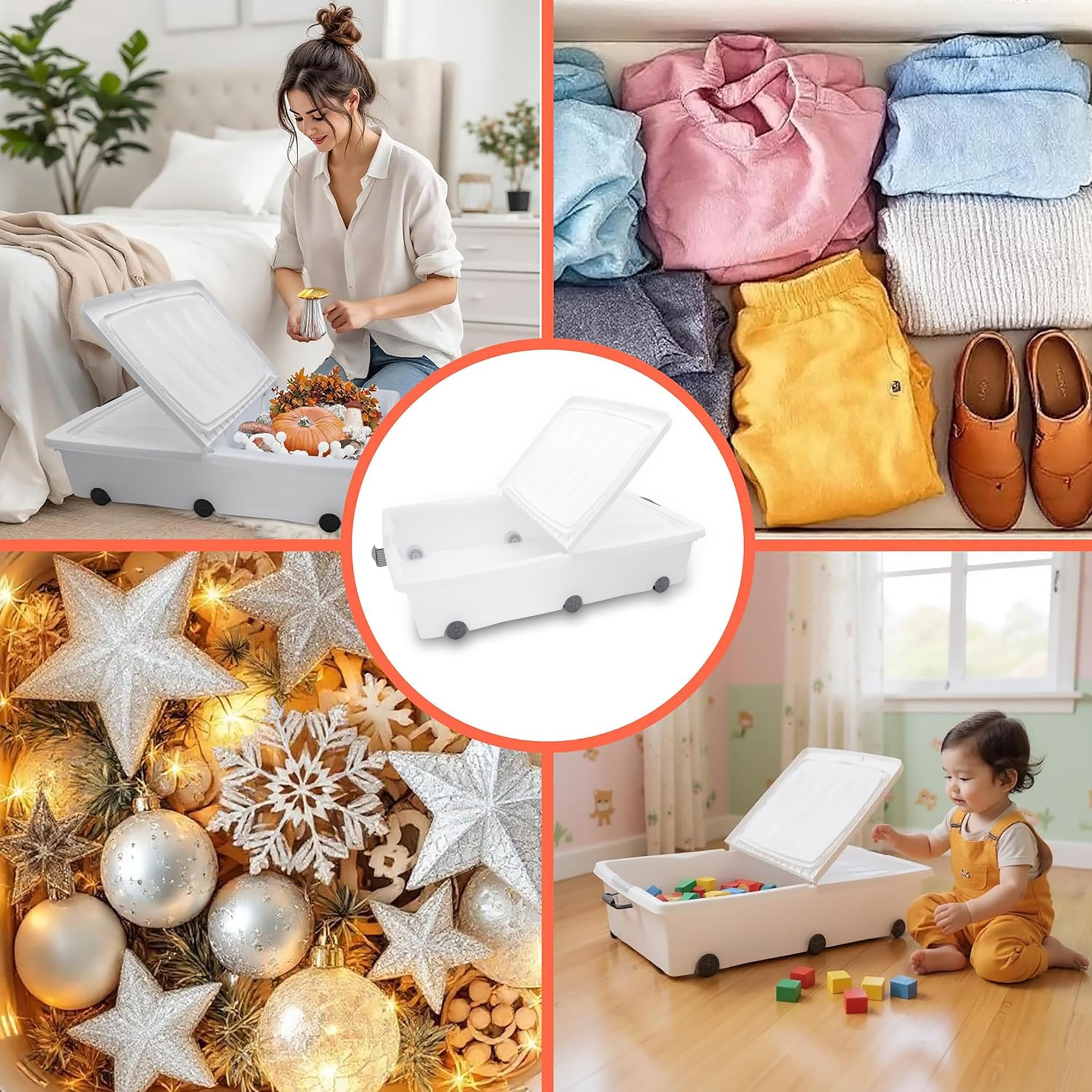 Spetebo XXL Unterbettkommode mit Klappverschluss 2er Set - 60 Liter - Aufbewahrungs-Rollbox mit zweigeteiltem Deckel in weiß - Universal Aufbewahrungsbox Unterbett Box Spielzeugkiste mit Rollen