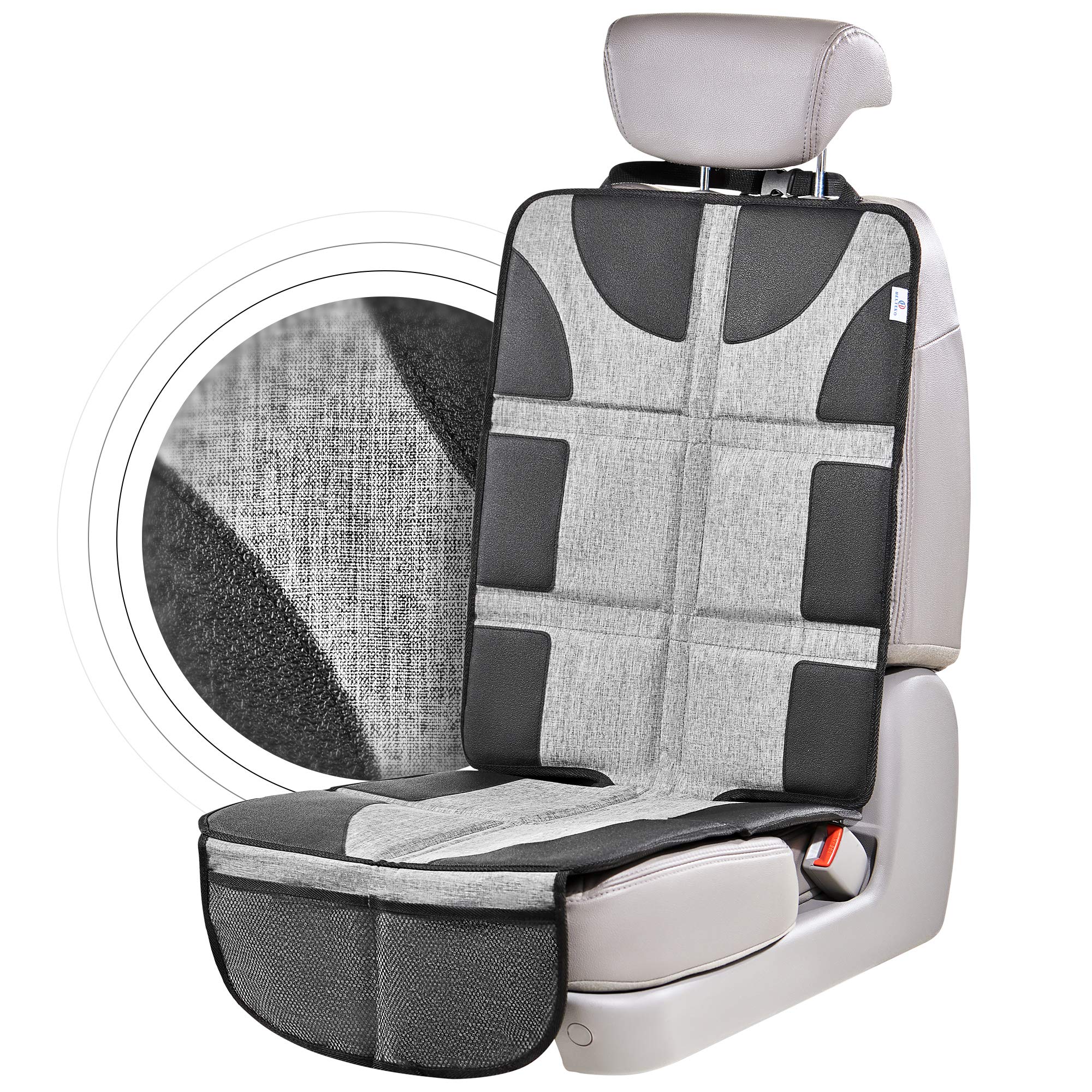 Helteko H Car Seat Protector with Thickest Padding - Large Cover for Baby Carseat Safety, Waterproof & Stain Resistant Protective 300D Fabric, Child Auto Seat Protectors & 2 Pockets for Handy Storage