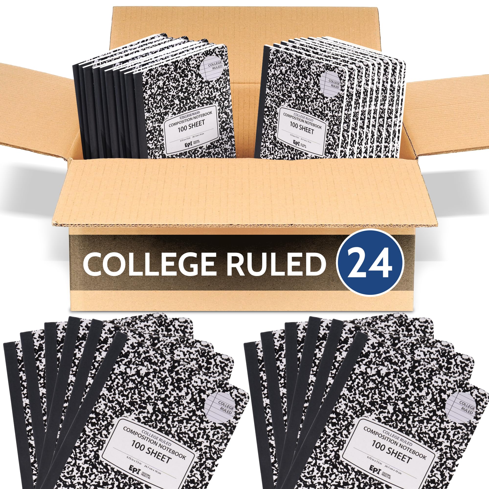 24 Pack - EPI College Ruled Composition Notebook Black - 200 Pages (100 Sheets), 9-3/4 x 7-½ - Classroom Back to School Supplies, Heavy Duty, Durable