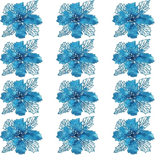 12 piezas de flores de pascua de Navidad, flores de pascua artificiales, adornos de flores artificiales de Navidad con purpurina roja para Navidad, 12 piezas de flores de pascua de Navidad, flores de pascua artificiales, adornos de flores artificiales de Navidad con purpurina roja para Navidad,